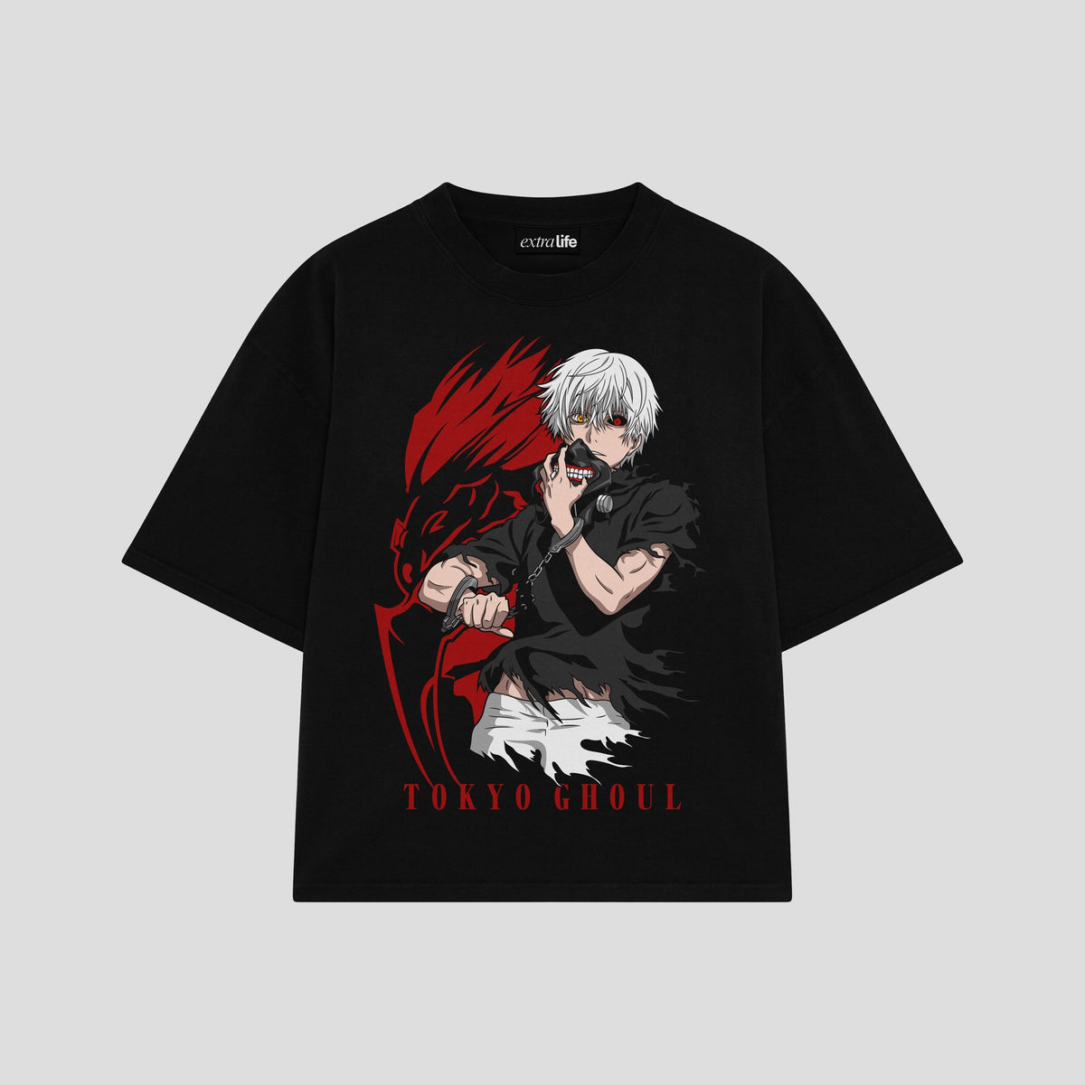 Playera streetwear premium de anime y gaming ExtraLife MX, corte oversized drop shoulder ligero y fresco en color Deep Black y Off-White, moda urbana mexicana de culto.
