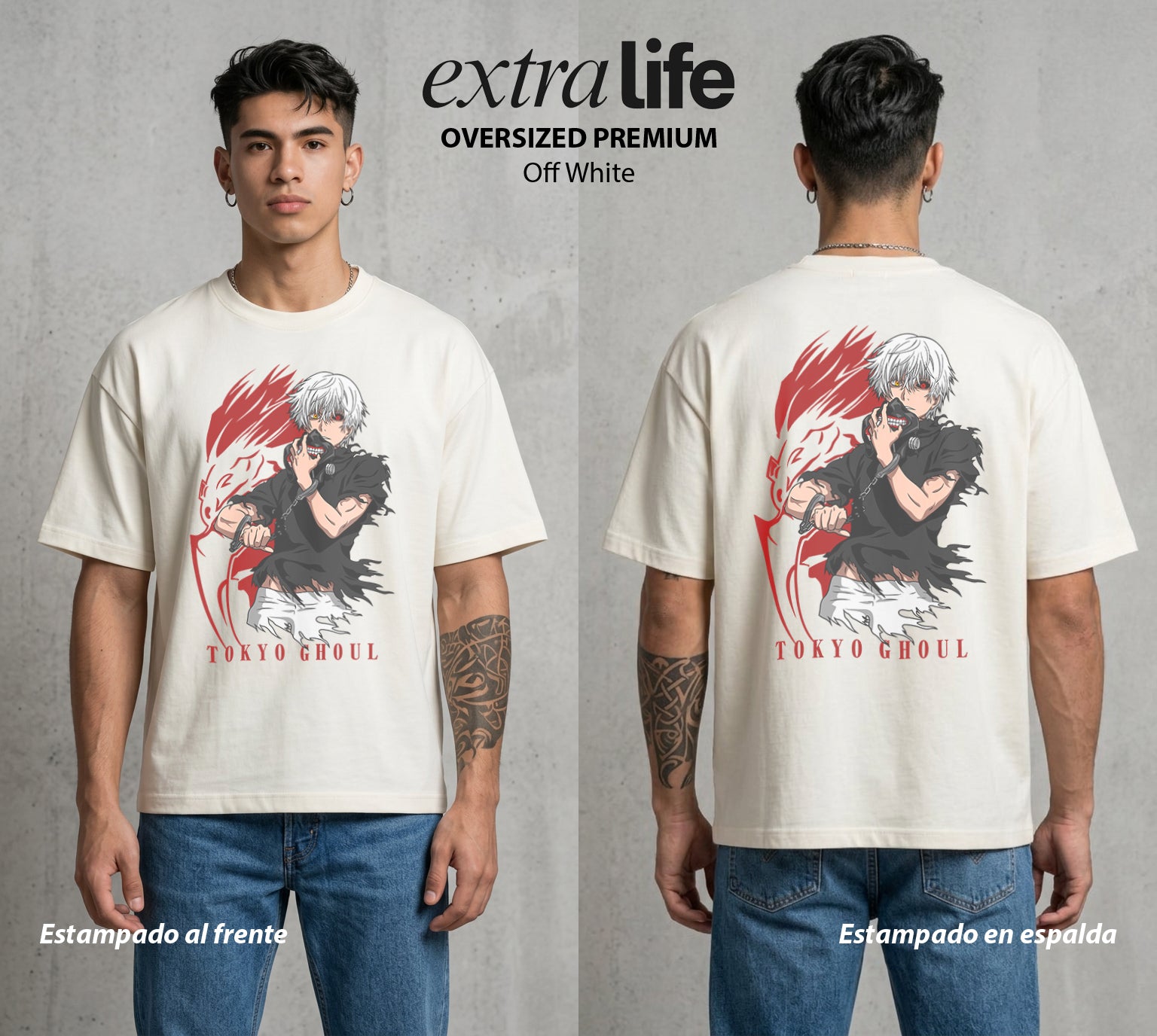 Ciudad de Ghouls | El Combatiente del Fuego #04352 - Playera Oversized Premium | Off White - Foto en modelo