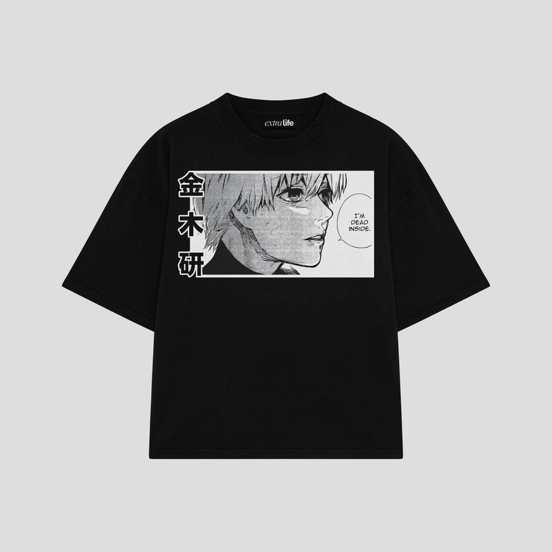 Playera streetwear premium de anime y gaming ExtraLife MX, corte boxy oversized drop shoulder heavyweight en color Deep Black y Off-White, moda urbana mexicana de culto.