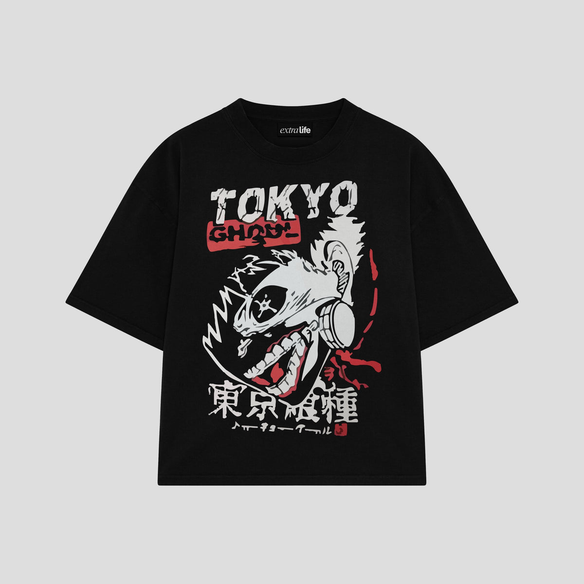 Playera streetwear premium de anime y gaming ExtraLife MX, corte oversized drop shoulder ligero y fresco en color Deep Black y Off-White, moda urbana mexicana de culto.