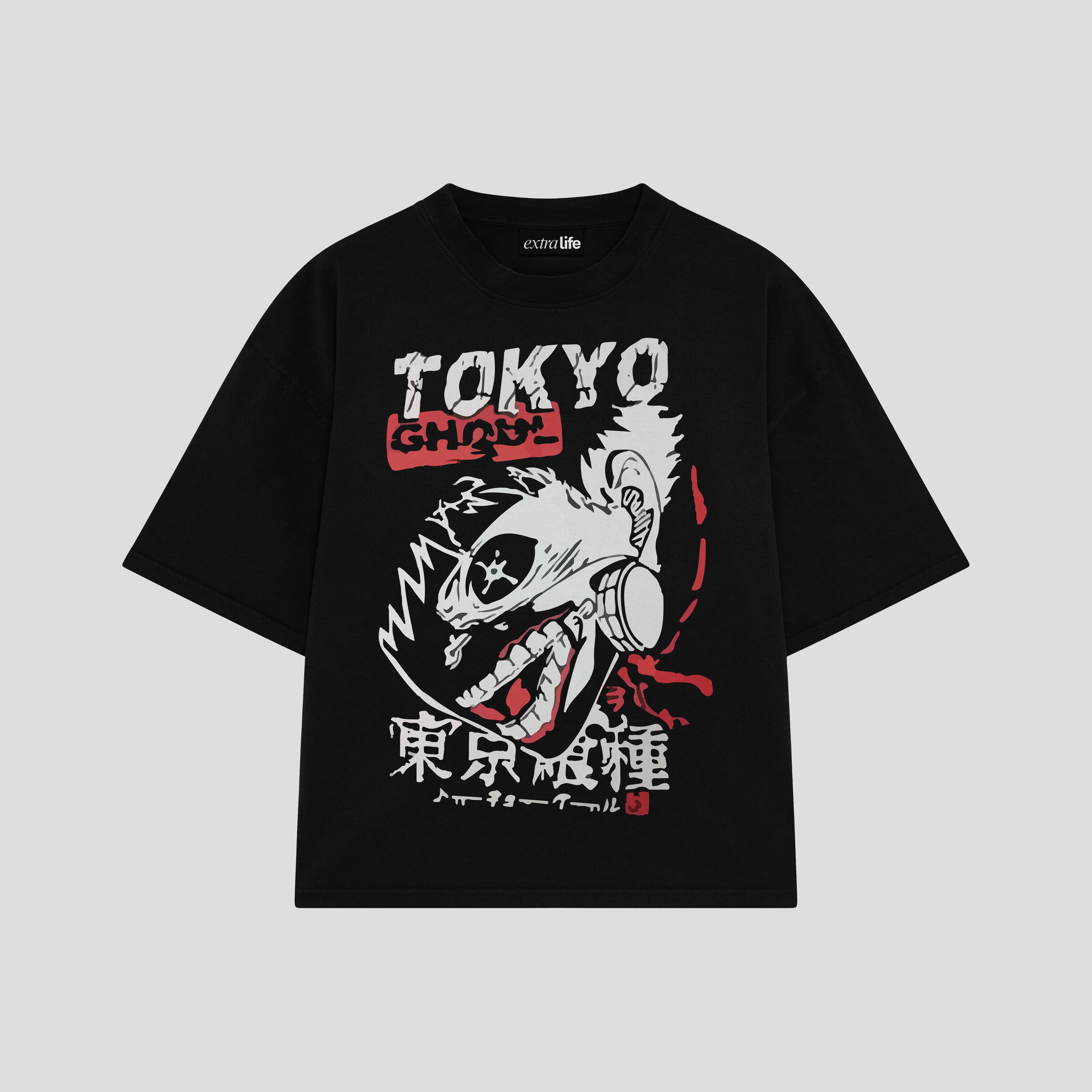 Playera streetwear premium de anime y gaming ExtraLife MX, corte boxy oversized drop shoulder heavyweight en color Deep Black y Off-White, moda urbana mexicana de culto.