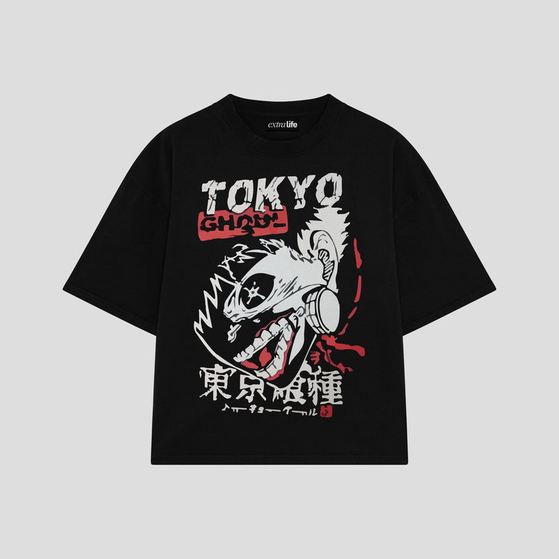 Playera streetwear premium de anime y gaming ExtraLife MX, corte boxy oversized drop shoulder heavyweight en color Deep Black y Off-White, moda urbana mexicana de culto.