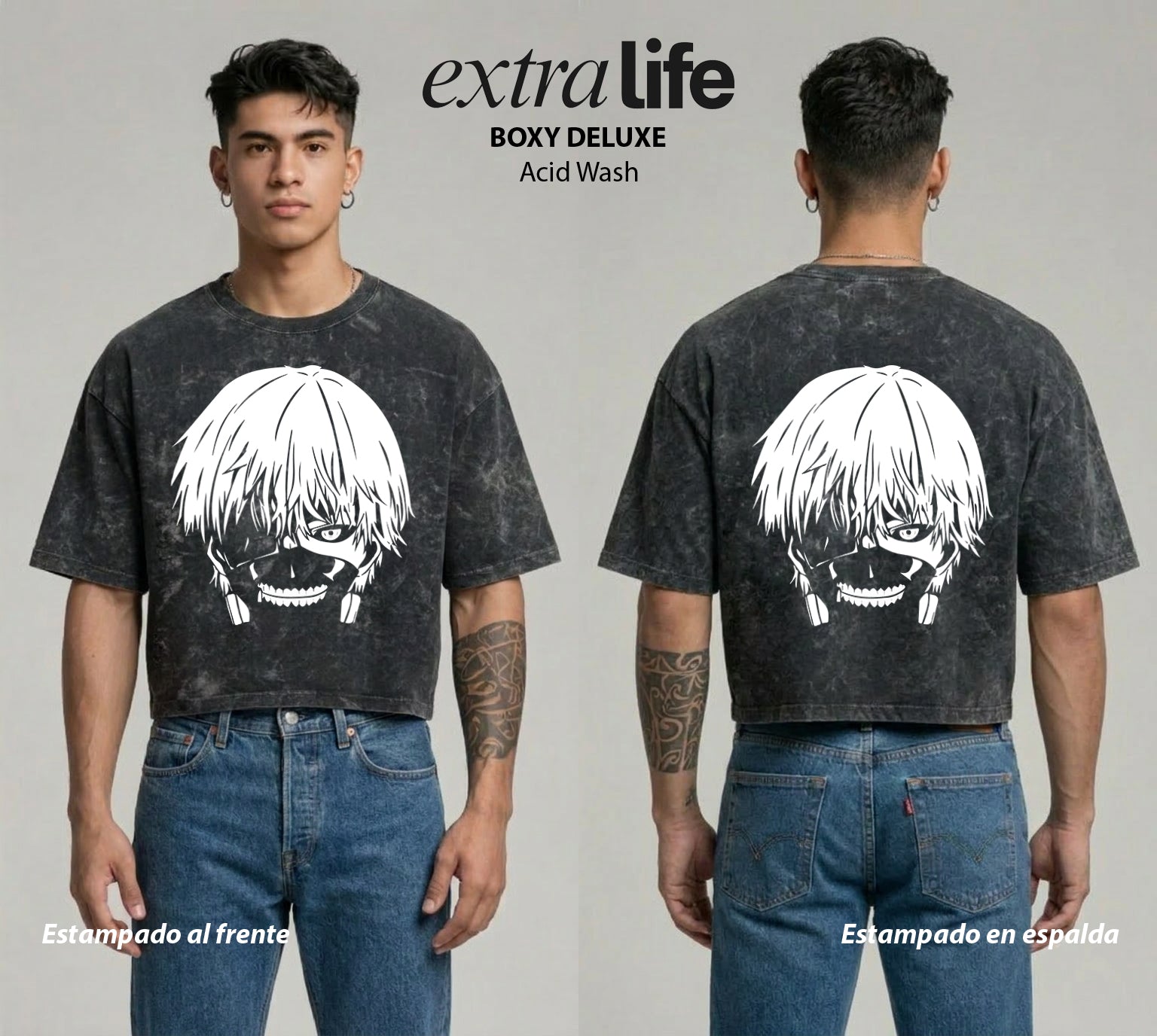 Playera streetwear premium de anime y gaming ExtraLife MX, corte boxy deluxe mineral wash heavyweight en color Acid Wash, moda urbana mexicana de culto.