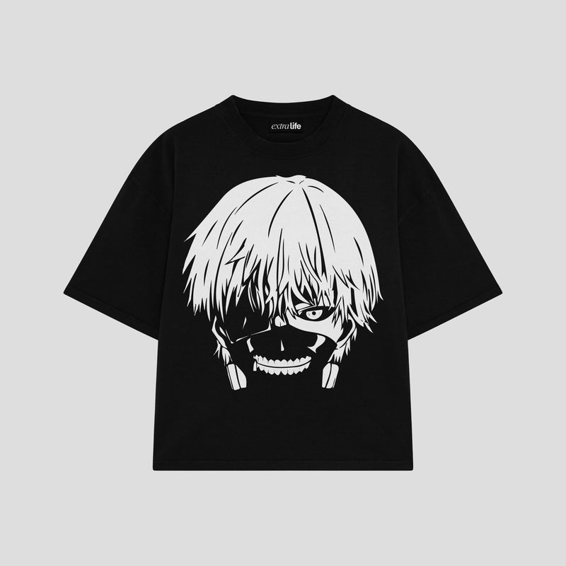 Playera streetwear premium de anime y gaming ExtraLife MX, corte boxy oversized drop shoulder heavyweight en color Deep Black y Off-White, moda urbana mexicana de culto.