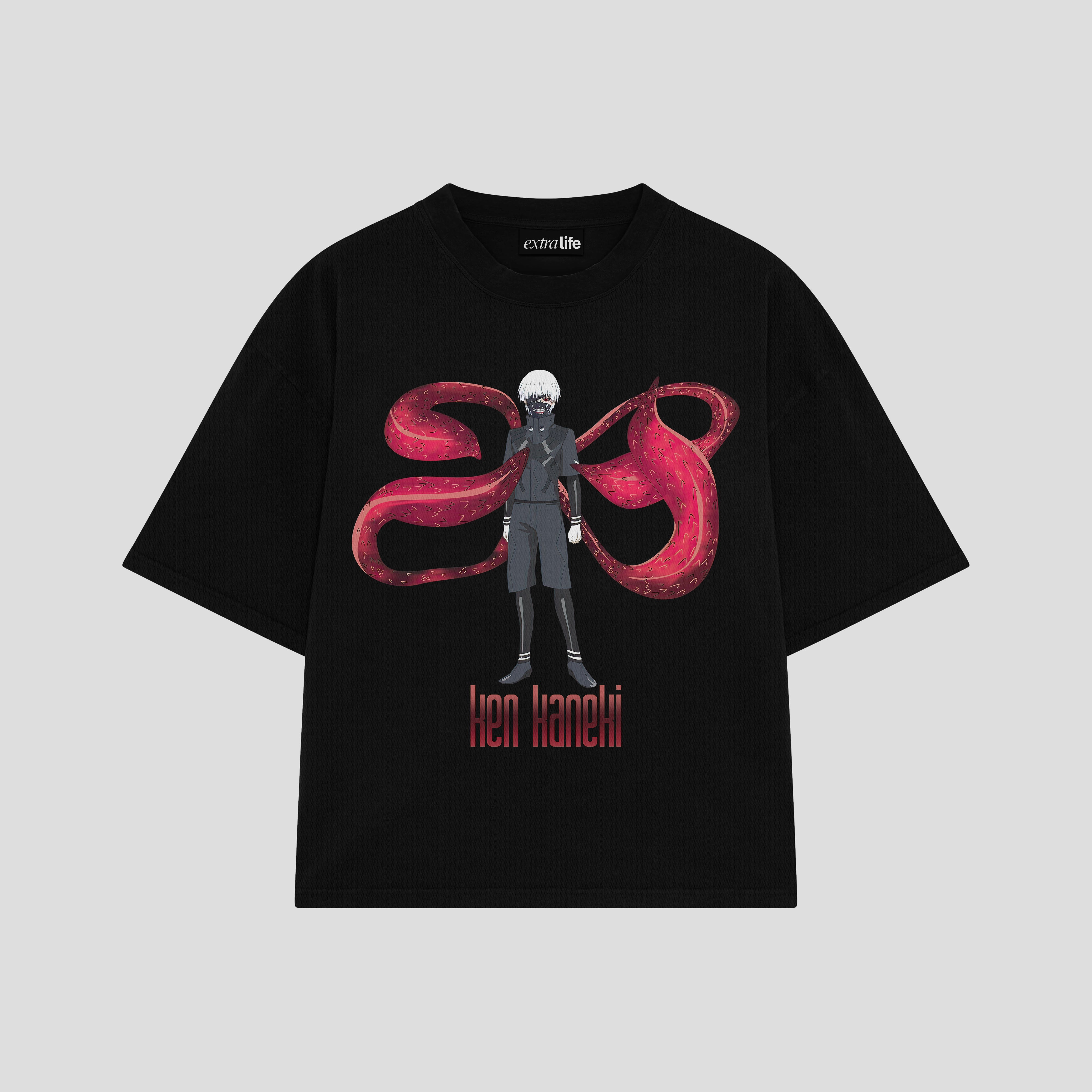 Playera streetwear premium de anime y gaming ExtraLife MX, corte boxy oversized drop shoulder heavyweight en color Deep Black y Off-White, moda urbana mexicana de culto.
