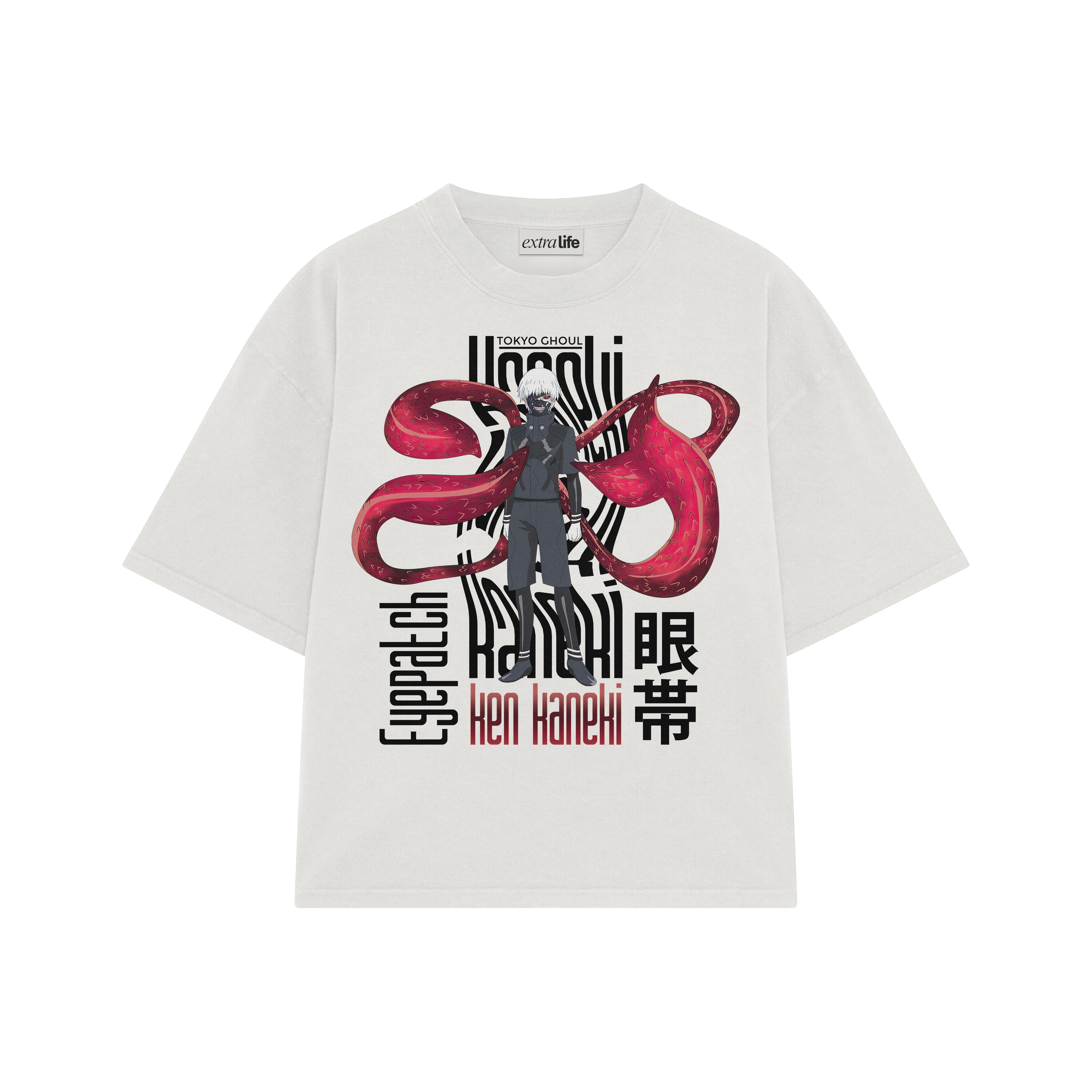 Playera streetwear premium de anime y gaming ExtraLife MX, corte boxy oversized drop shoulder heavyweight en color Deep Black y Off-White, moda urbana mexicana de culto.