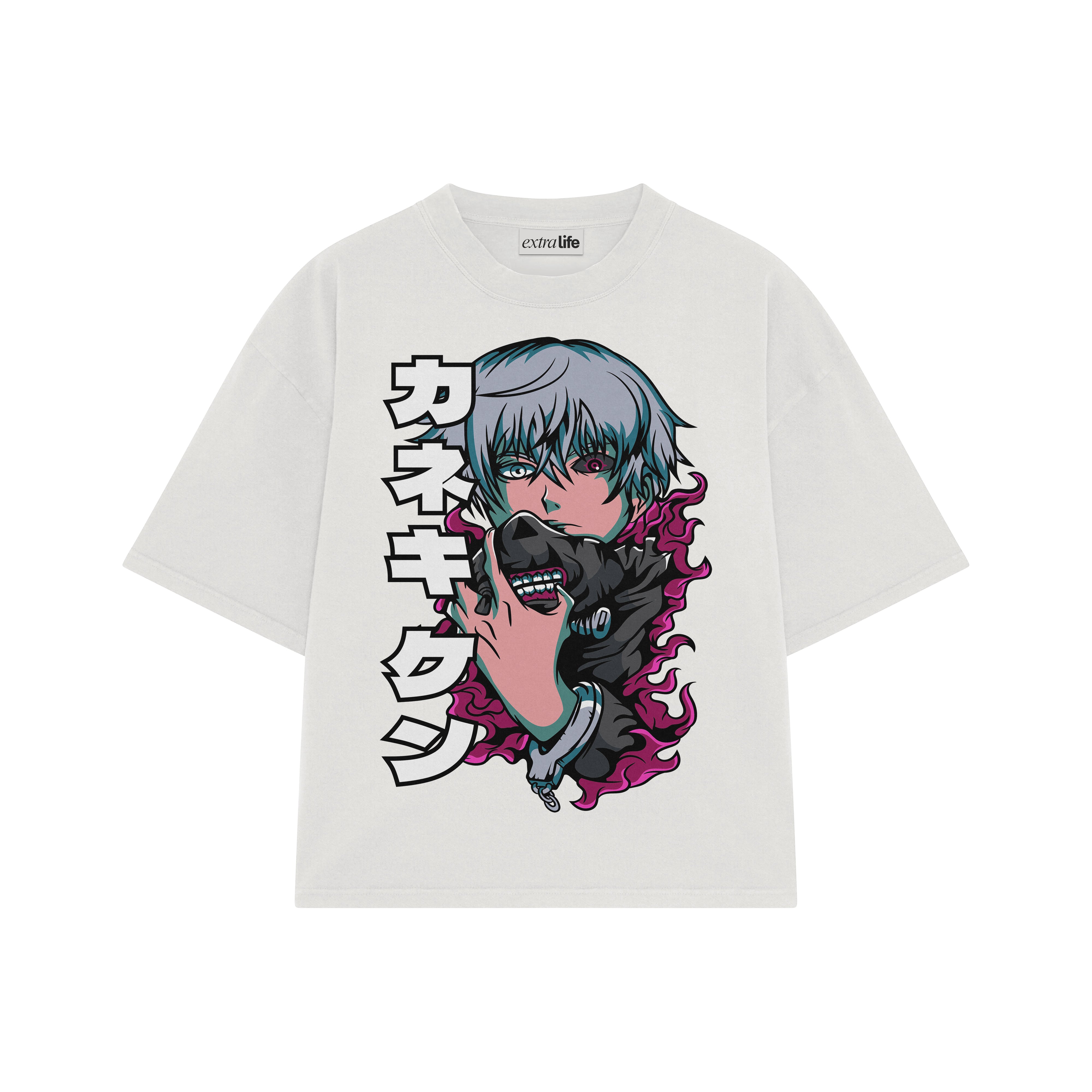 Playera streetwear premium de anime y gaming ExtraLife MX, corte boxy oversized drop shoulder heavyweight en color Deep Black y Off-White, moda urbana mexicana de culto.