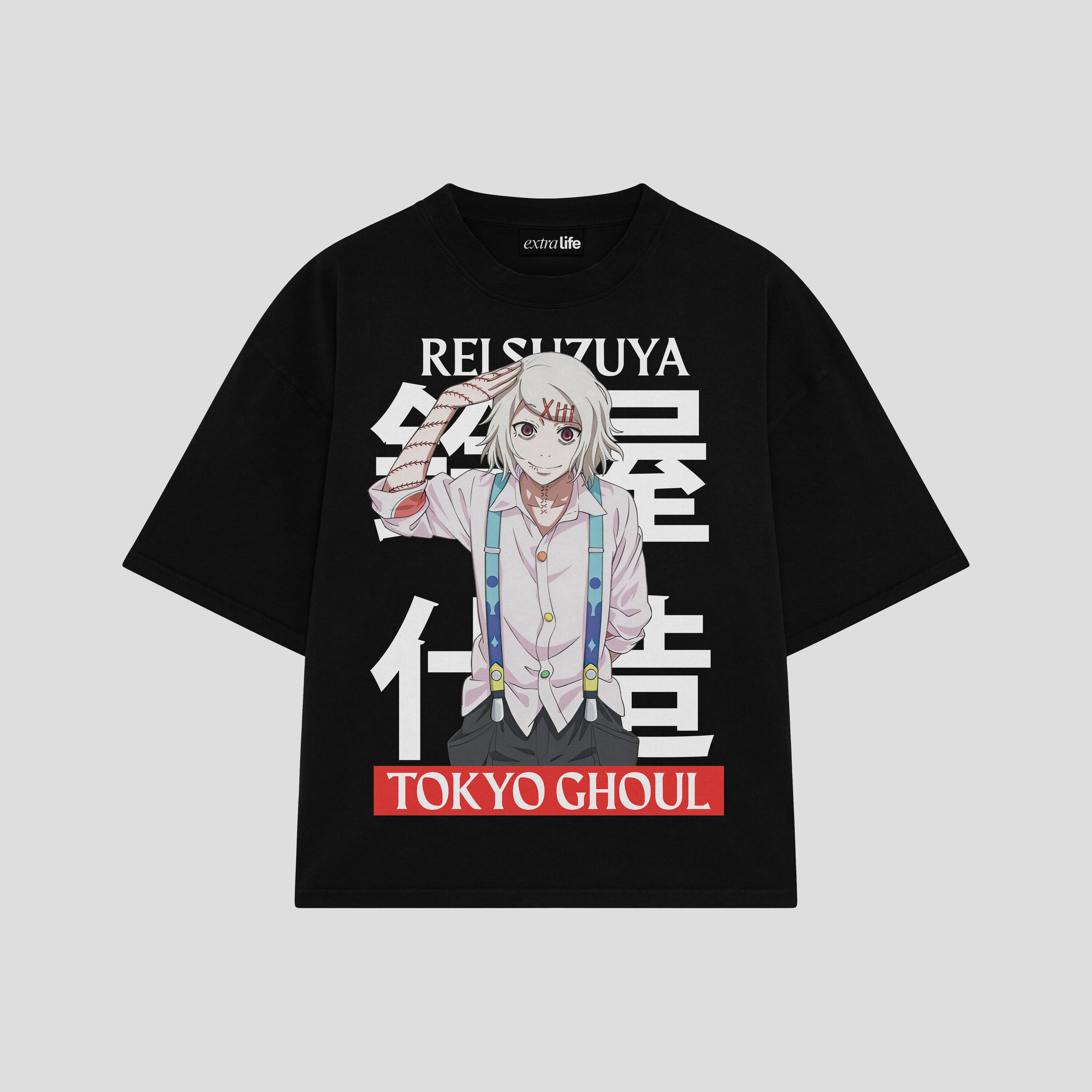 Playera streetwear premium de anime y gaming ExtraLife MX, corte boxy oversized drop shoulder heavyweight en color Deep Black y Off-White, moda urbana mexicana de culto.