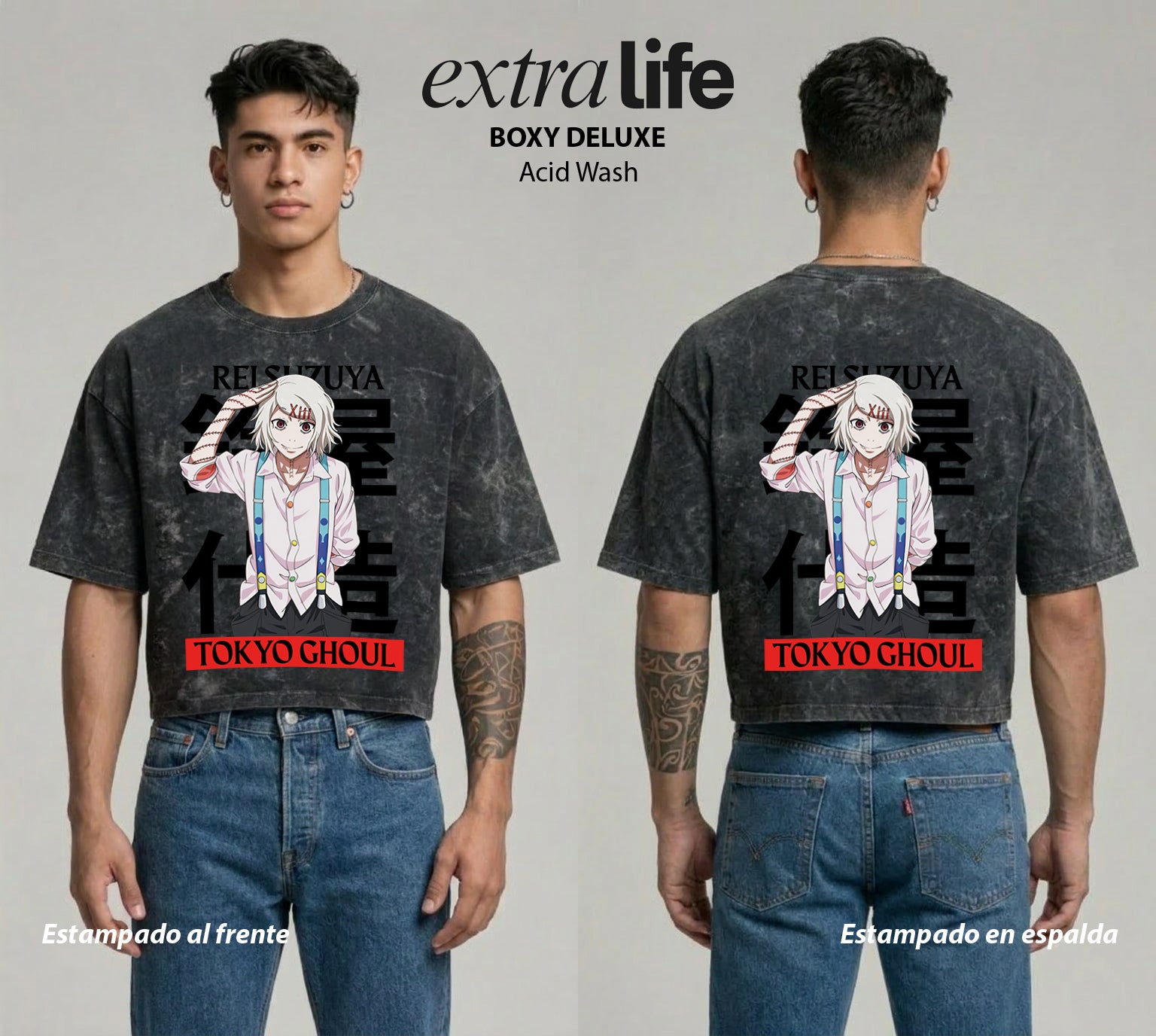 Playera streetwear premium de anime y gaming ExtraLife MX, corte boxy deluxe mineral wash heavyweight en color Acid Wash, moda urbana mexicana de culto.