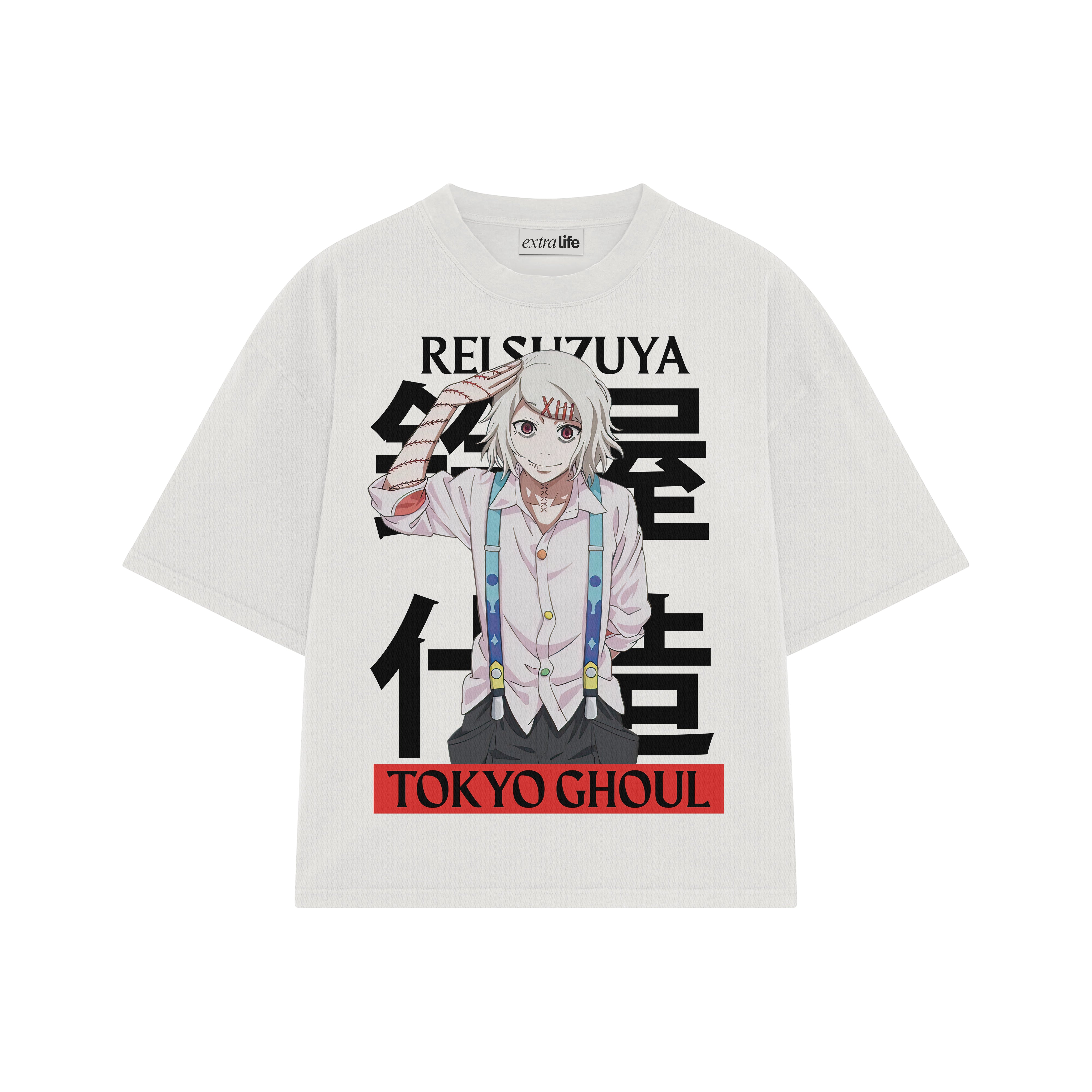 Playera streetwear premium de anime y gaming ExtraLife MX, corte boxy oversized drop shoulder heavyweight en color Deep Black y Off-White, moda urbana mexicana de culto.