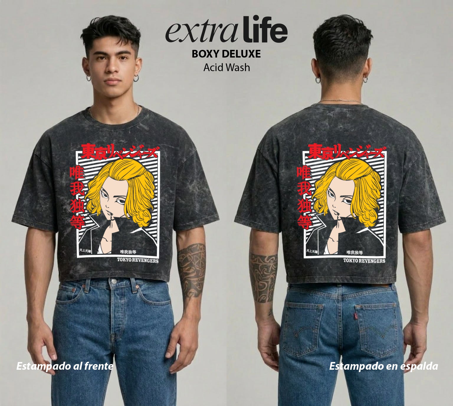 Playera streetwear premium de anime y gaming ExtraLife MX, corte boxy deluxe mineral wash heavyweight en color Acid Wash, moda urbana mexicana de culto.