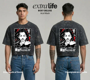Playera streetwear premium de anime y gaming ExtraLife MX, corte boxy deluxe mineral wash heavyweight en color Acid Wash, moda urbana mexicana de culto.