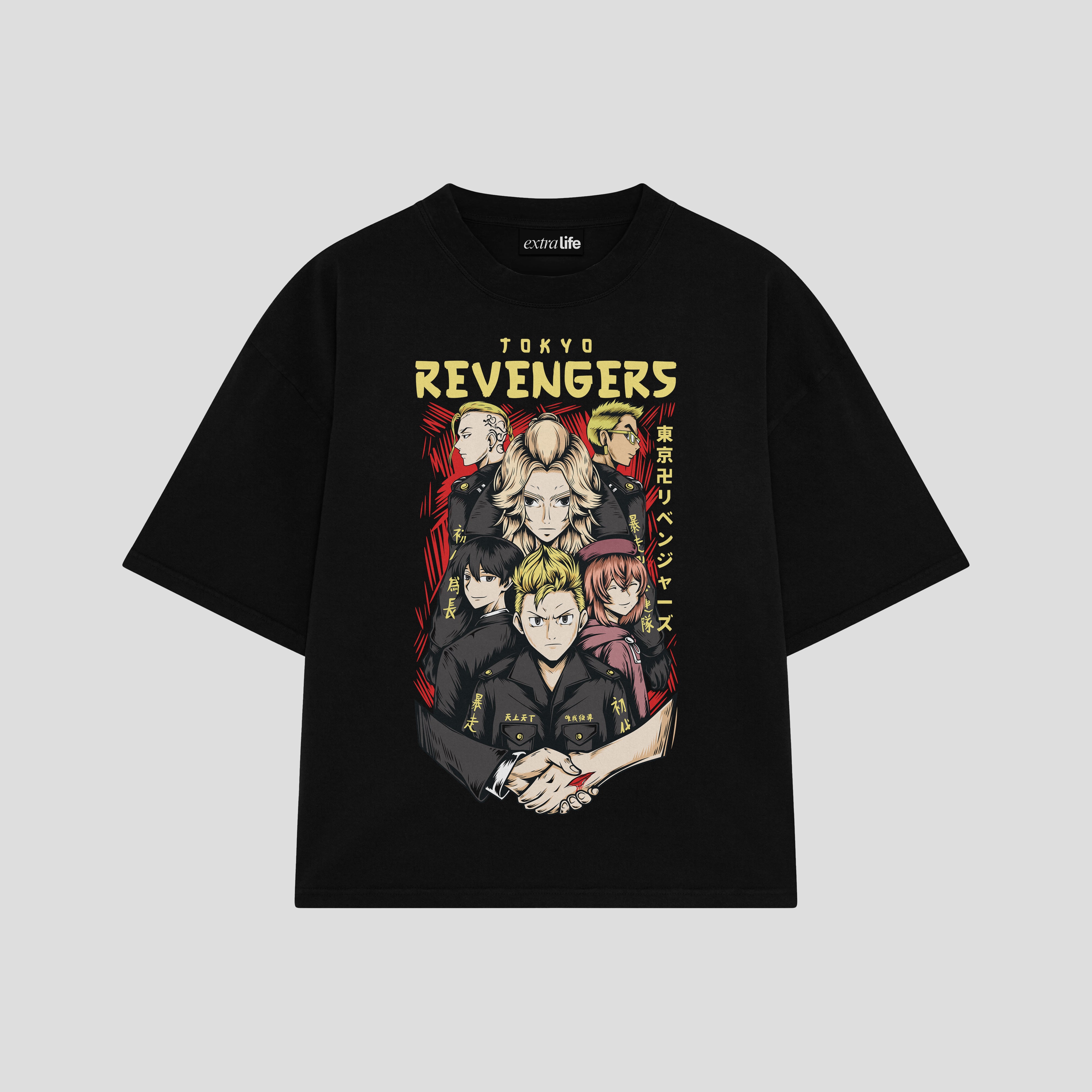 Playera streetwear premium de anime y gaming ExtraLife MX, corte boxy oversized drop shoulder heavyweight en color Deep Black y Off-White, moda urbana mexicana de culto.