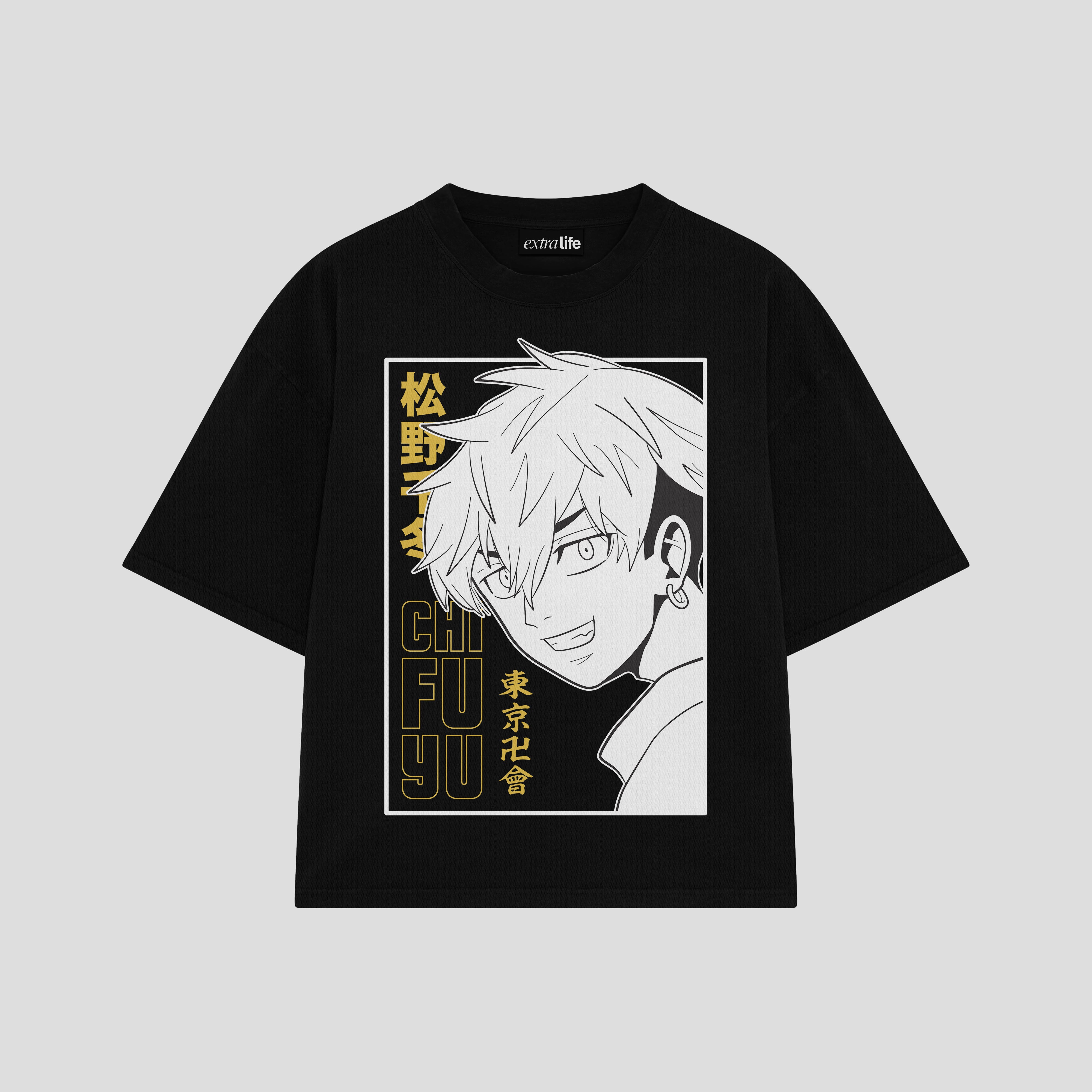 Playera streetwear premium de anime y gaming ExtraLife MX, corte boxy oversized drop shoulder heavyweight en color Deep Black y Off-White, moda urbana mexicana de culto.