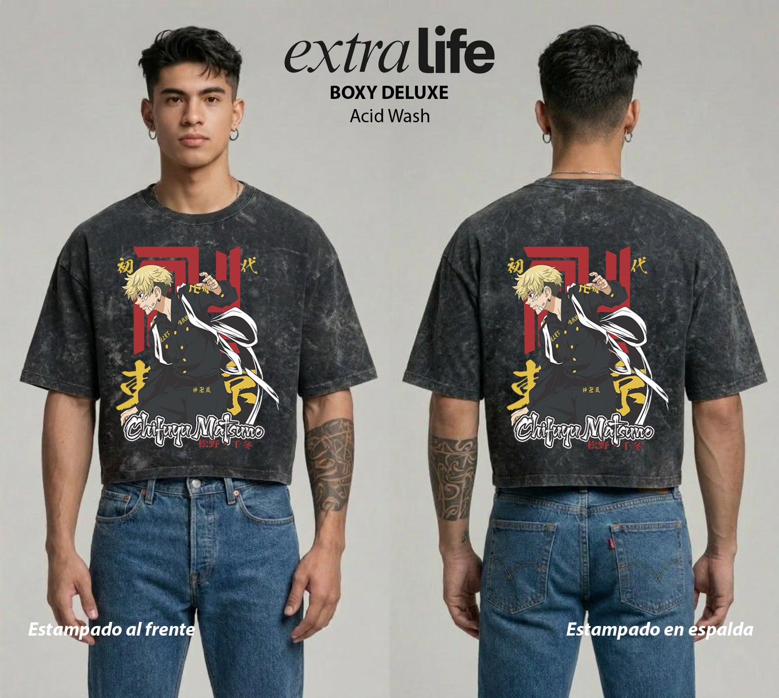 Playera streetwear premium de anime y gaming ExtraLife MX, corte boxy deluxe mineral wash heavyweight en color Acid Wash, moda urbana mexicana de culto.