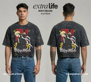 Playera streetwear premium de anime y gaming ExtraLife MX, corte boxy deluxe mineral wash heavyweight en color Acid Wash, moda urbana mexicana de culto.