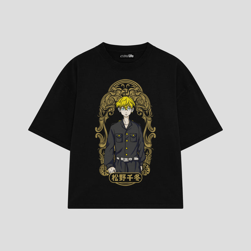 Playera streetwear premium de anime y gaming ExtraLife MX, corte boxy oversized drop shoulder heavyweight en color Deep Black y Off-White, moda urbana mexicana de culto.