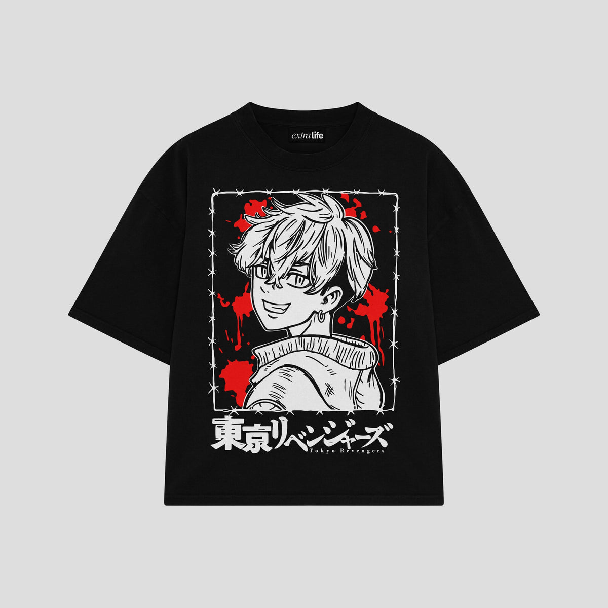 Playera streetwear premium de anime y gaming ExtraLife MX, corte oversized drop shoulder ligero y fresco en color Deep Black y Off-White, moda urbana mexicana de culto.