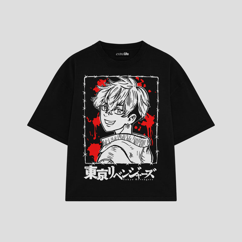 Playera streetwear premium de anime y gaming ExtraLife MX, corte boxy oversized drop shoulder heavyweight en color Deep Black y Off-White, moda urbana mexicana de culto.