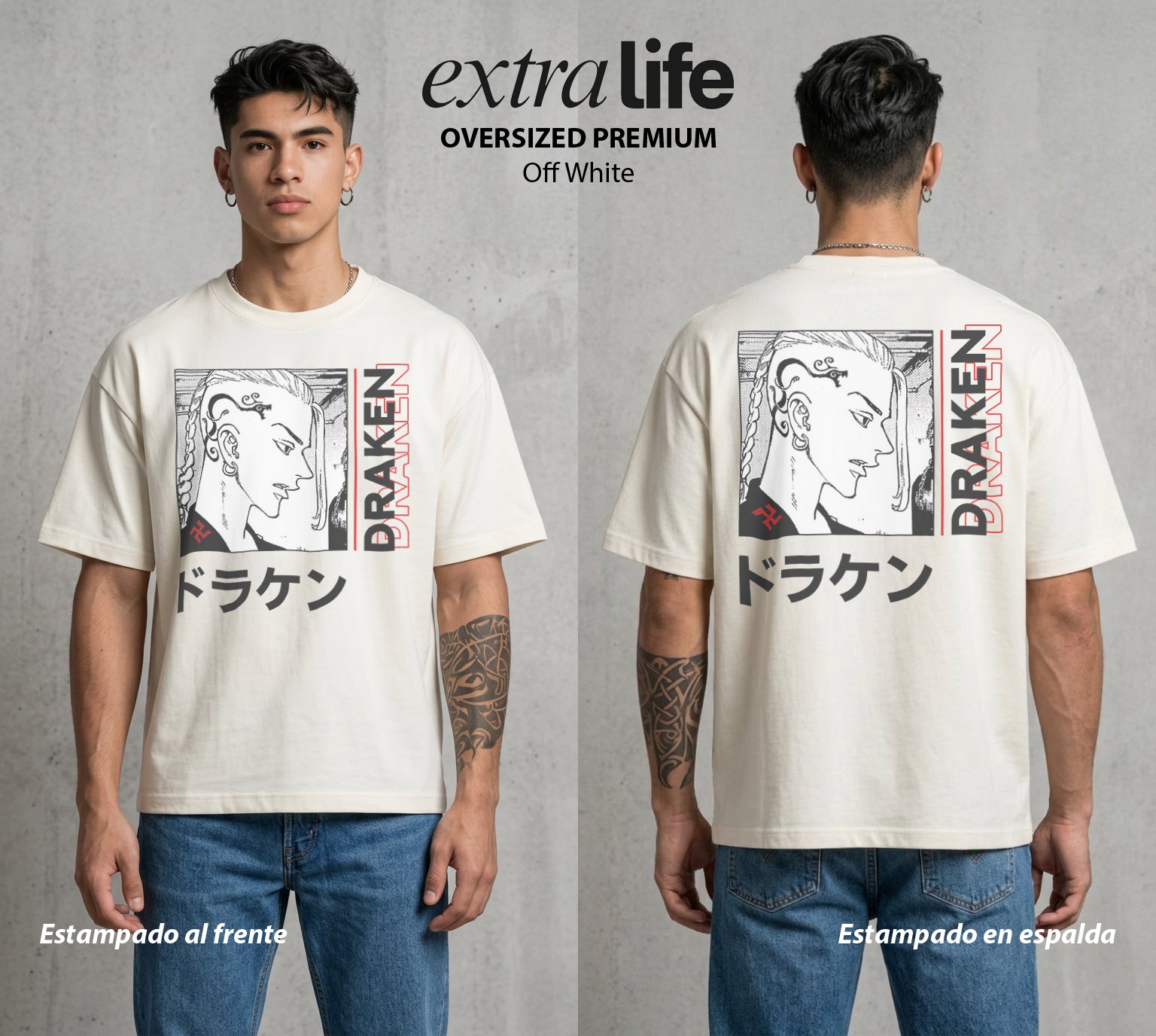 Pandillas del Tiempo | El Dragon del Norte #04369 - Playera Oversized Premium | Off White - Foto en modelo