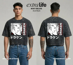 Playera streetwear premium de anime y gaming ExtraLife MX, corte boxy deluxe mineral wash heavyweight en color Acid Wash, moda urbana mexicana de culto.