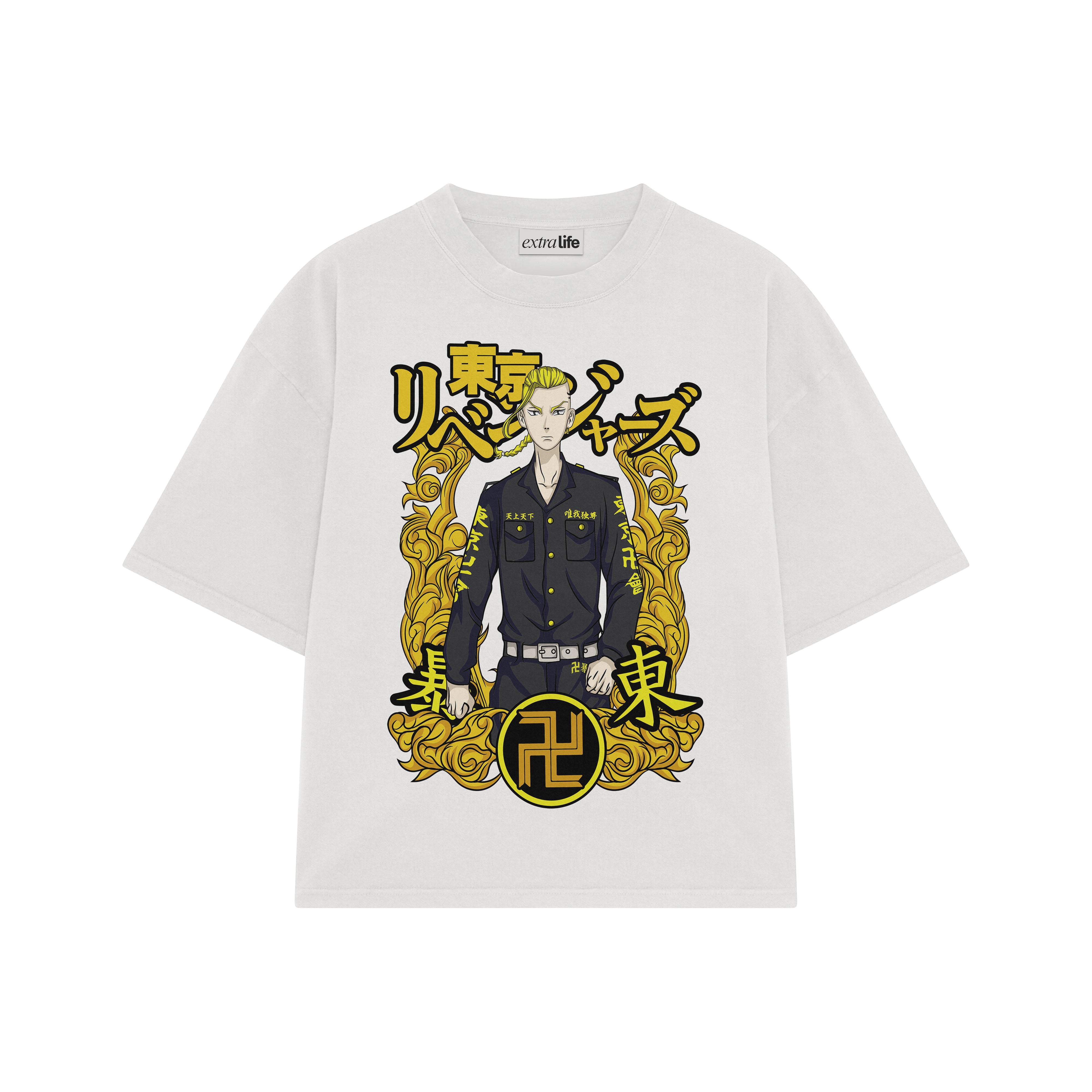 Playera streetwear premium de anime y gaming ExtraLife MX, corte boxy oversized drop shoulder heavyweight en color Deep Black y Off-White, moda urbana mexicana de culto.