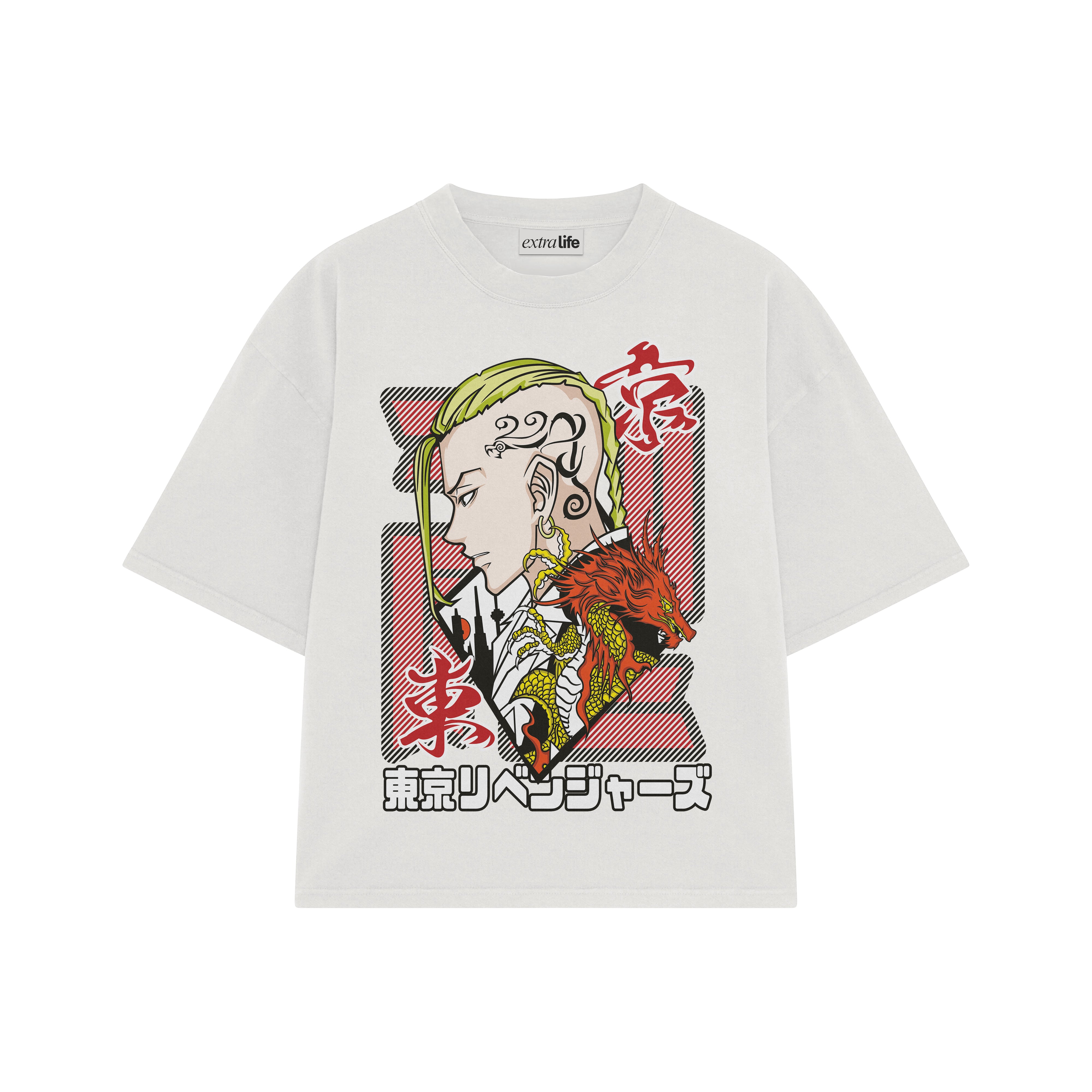 Playera streetwear premium de anime y gaming ExtraLife MX, corte boxy oversized drop shoulder heavyweight en color Deep Black y Off-White, moda urbana mexicana de culto.