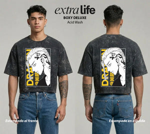 Playera streetwear premium de anime y gaming ExtraLife MX, corte boxy deluxe mineral wash heavyweight en color Acid Wash, moda urbana mexicana de culto.