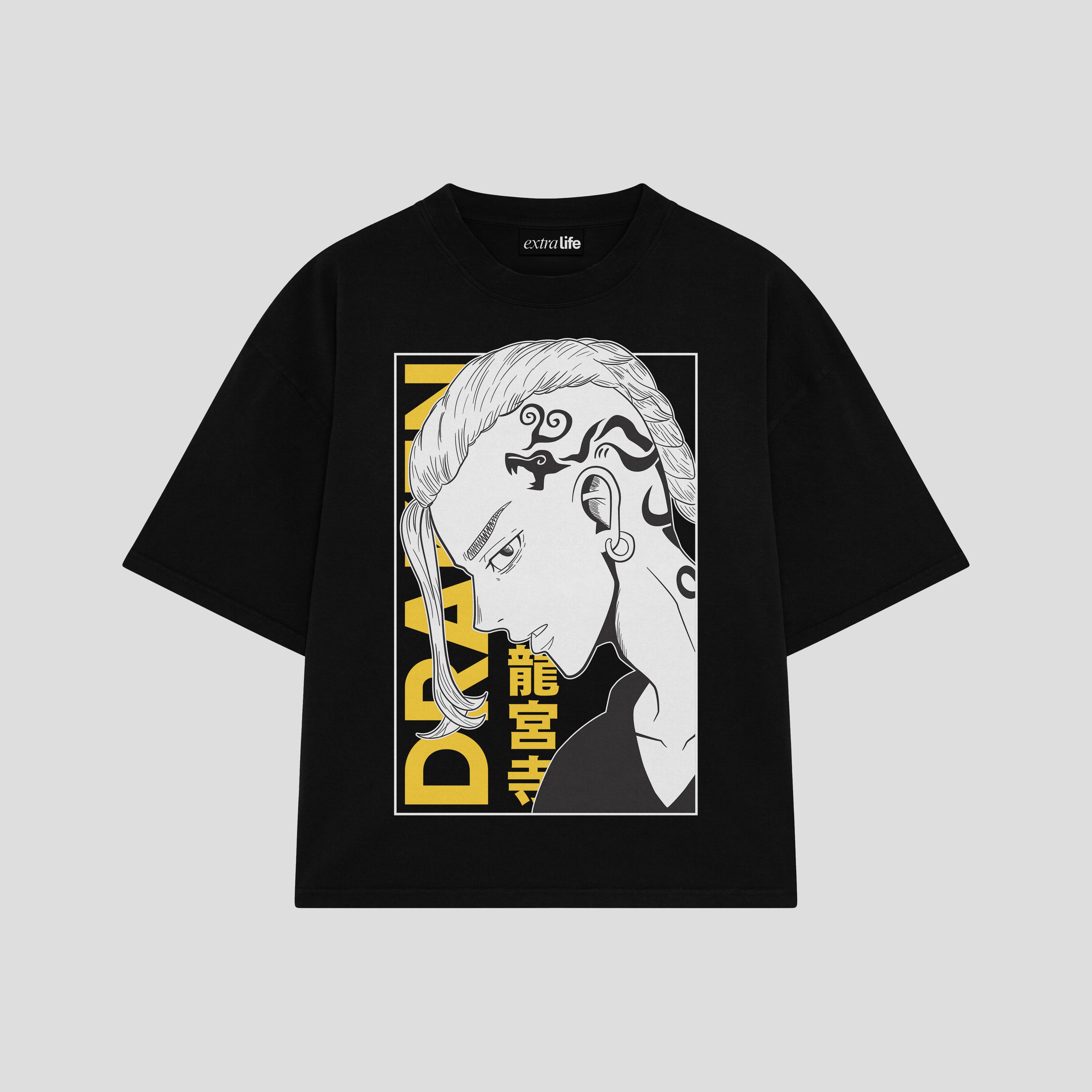 Playera streetwear premium de anime y gaming ExtraLife MX, corte boxy oversized drop shoulder heavyweight en color Deep Black y Off-White, moda urbana mexicana de culto.