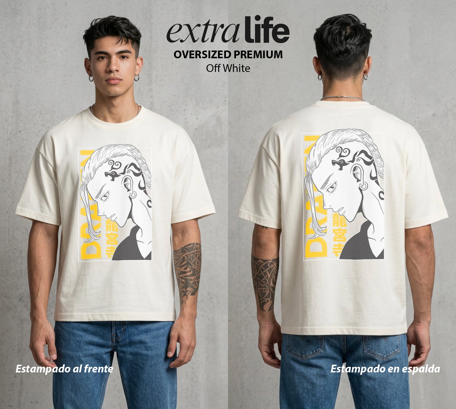 Pandillas del Tiempo | El Dragon del Norte #04373 - Playera Oversized Premium | Off White - Foto en modelo