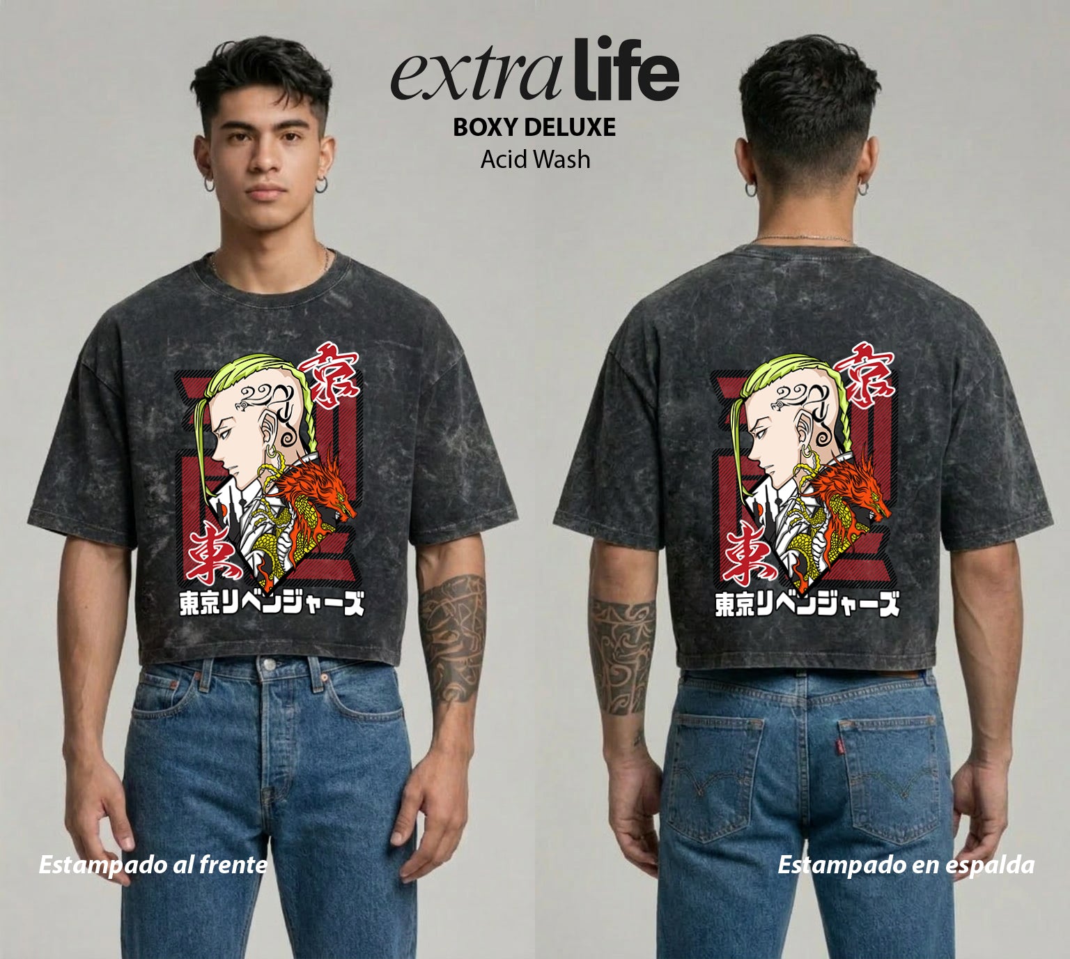 Playera streetwear premium de anime y gaming ExtraLife MX, corte boxy deluxe mineral wash heavyweight en color Acid Wash, moda urbana mexicana de culto.