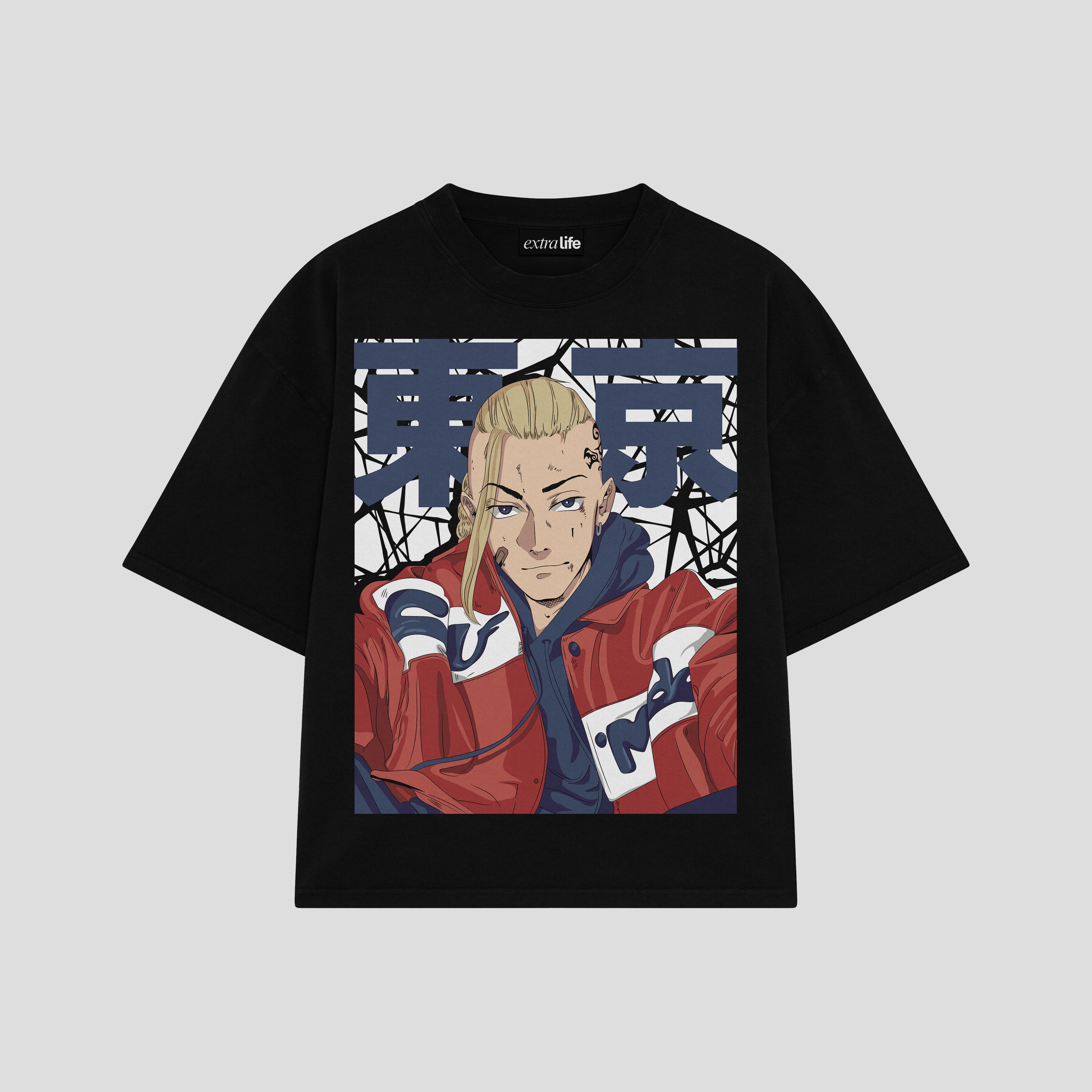 Playera streetwear premium de anime y gaming ExtraLife MX, corte boxy oversized drop shoulder heavyweight en color Deep Black y Off-White, moda urbana mexicana de culto.