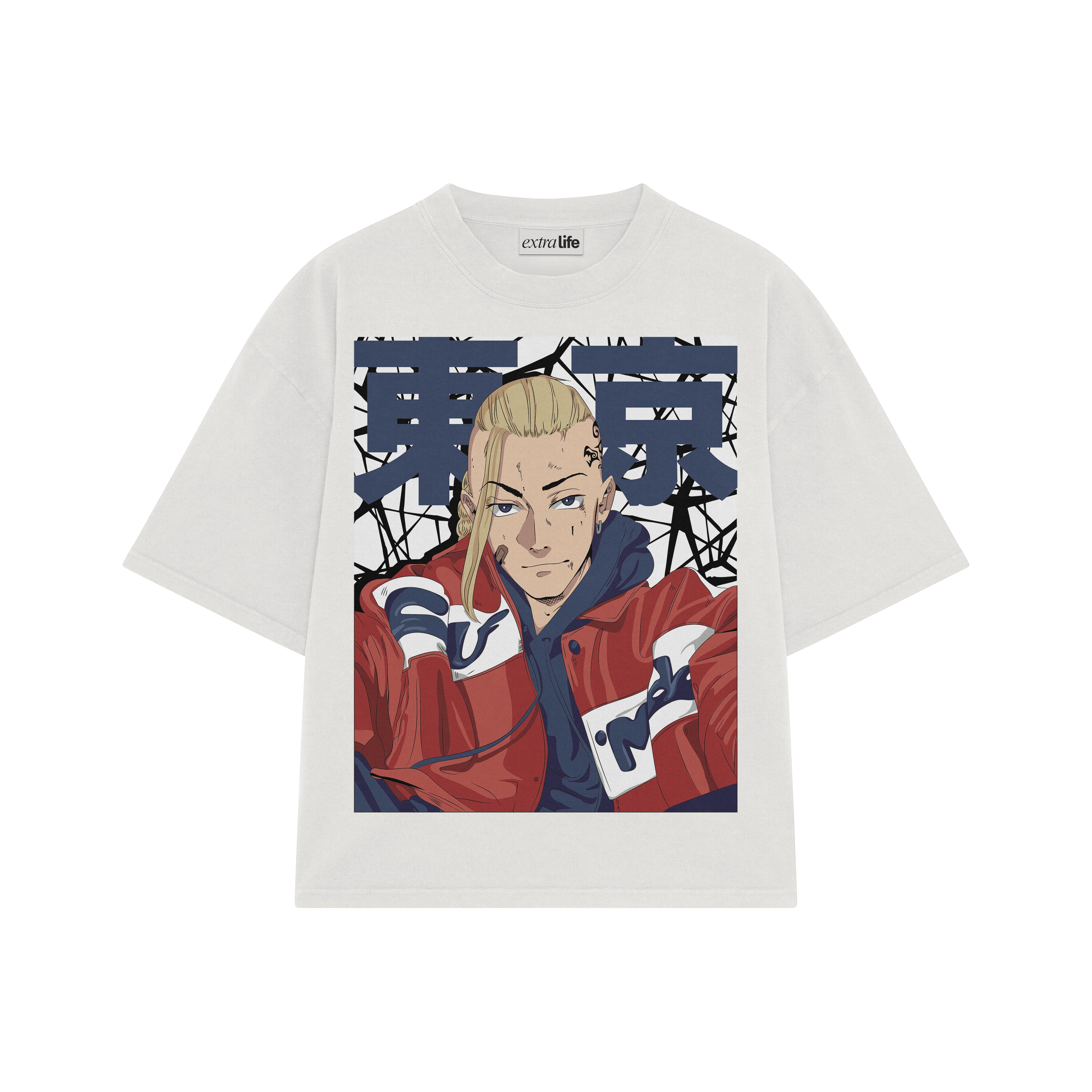 Playera streetwear premium de anime y gaming ExtraLife MX, corte boxy oversized drop shoulder heavyweight en color Deep Black y Off-White, moda urbana mexicana de culto.
