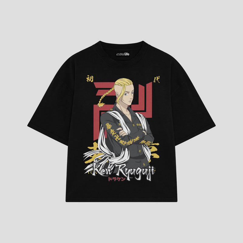 Playera streetwear premium de anime y gaming ExtraLife MX, corte boxy oversized drop shoulder heavyweight en color Deep Black y Off-White, moda urbana mexicana de culto.