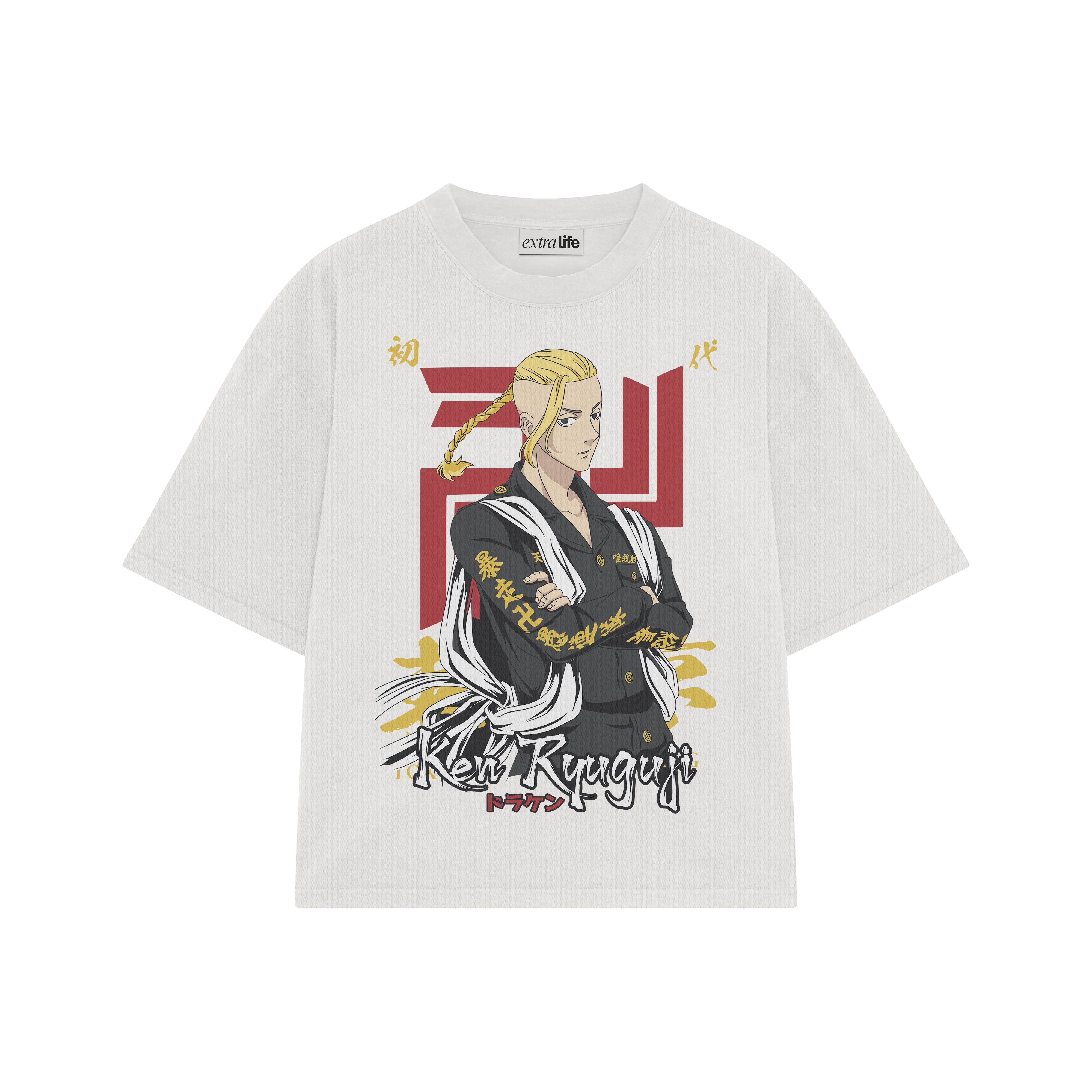 Playera streetwear premium de anime y gaming ExtraLife MX, corte boxy oversized drop shoulder heavyweight en color Deep Black y Off-White, moda urbana mexicana de culto.