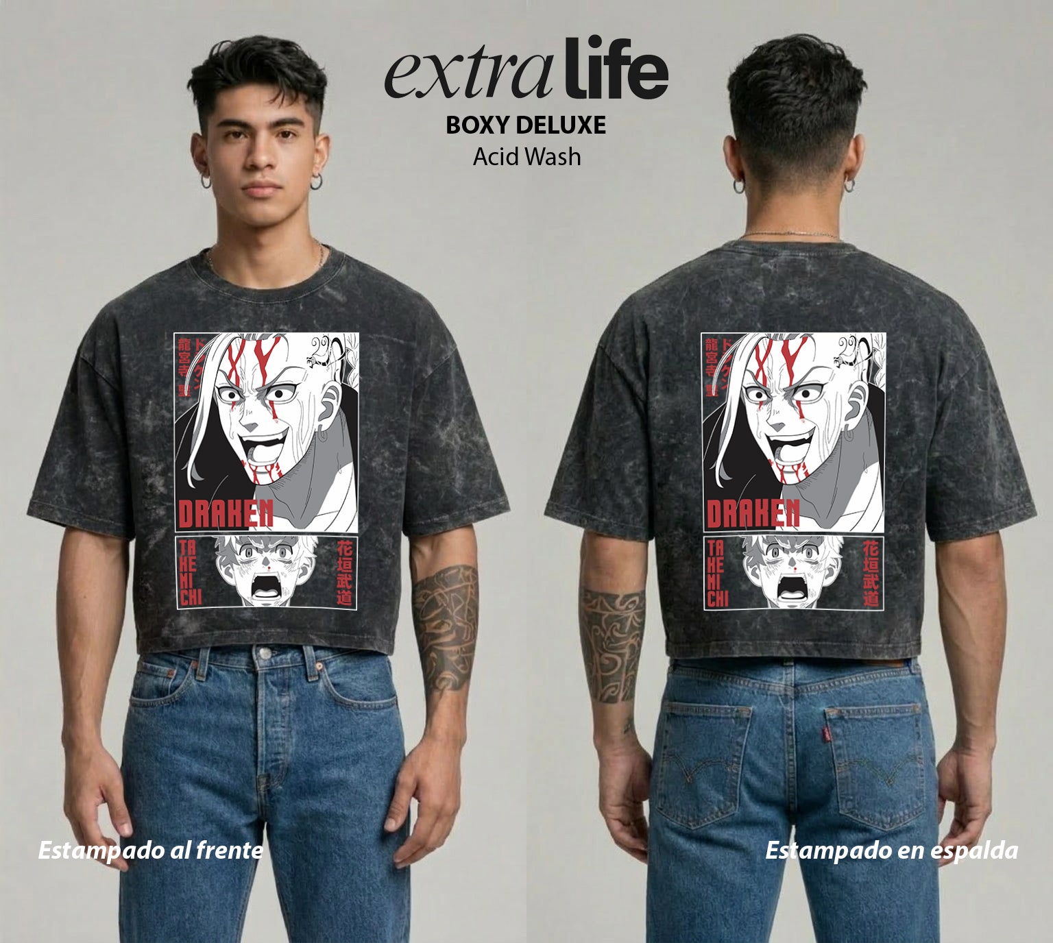 Playera streetwear premium de anime y gaming ExtraLife MX, corte boxy deluxe mineral wash heavyweight en color Acid Wash, moda urbana mexicana de culto.