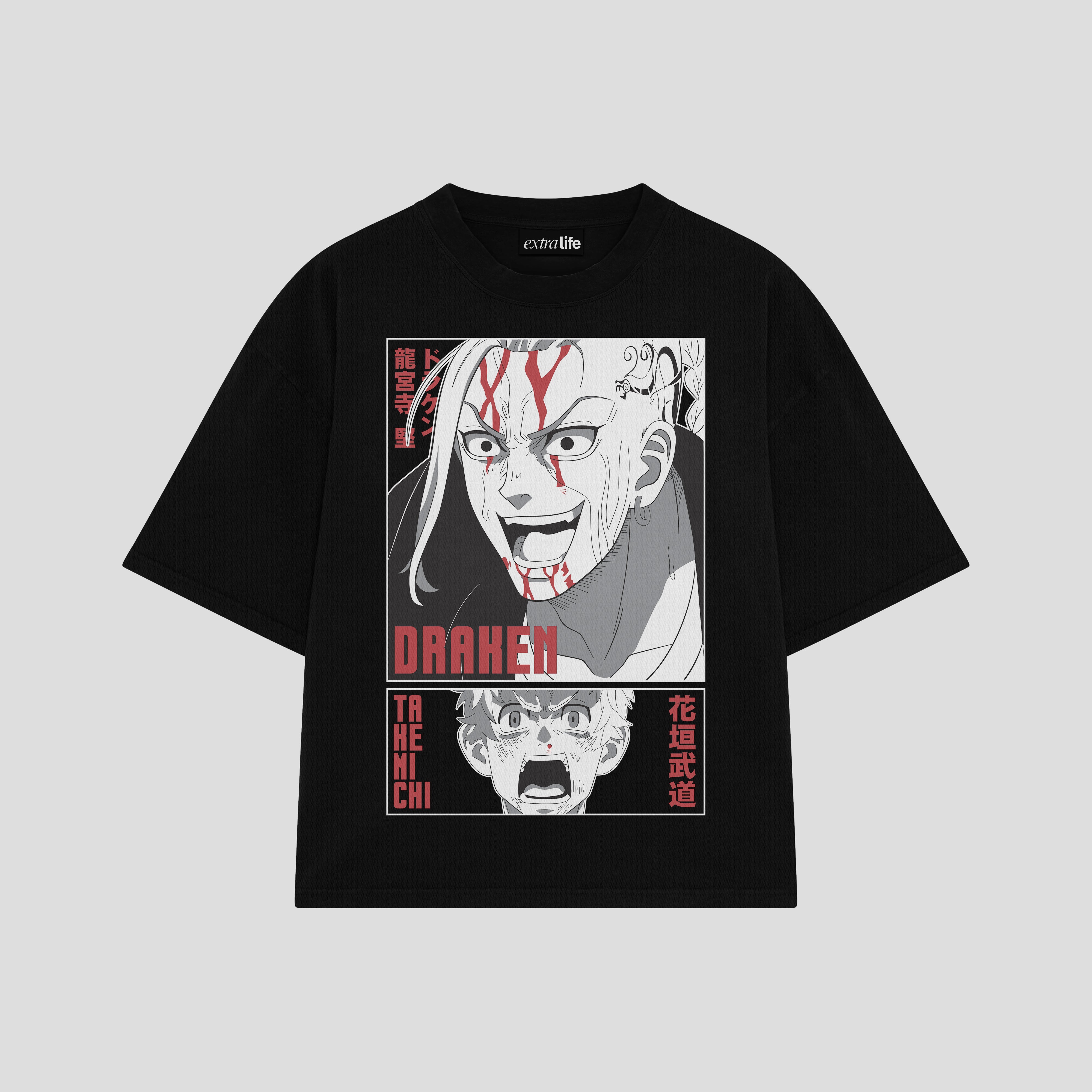 Playera streetwear premium de anime y gaming ExtraLife MX, corte boxy oversized drop shoulder heavyweight en color Deep Black y Off-White, moda urbana mexicana de culto.