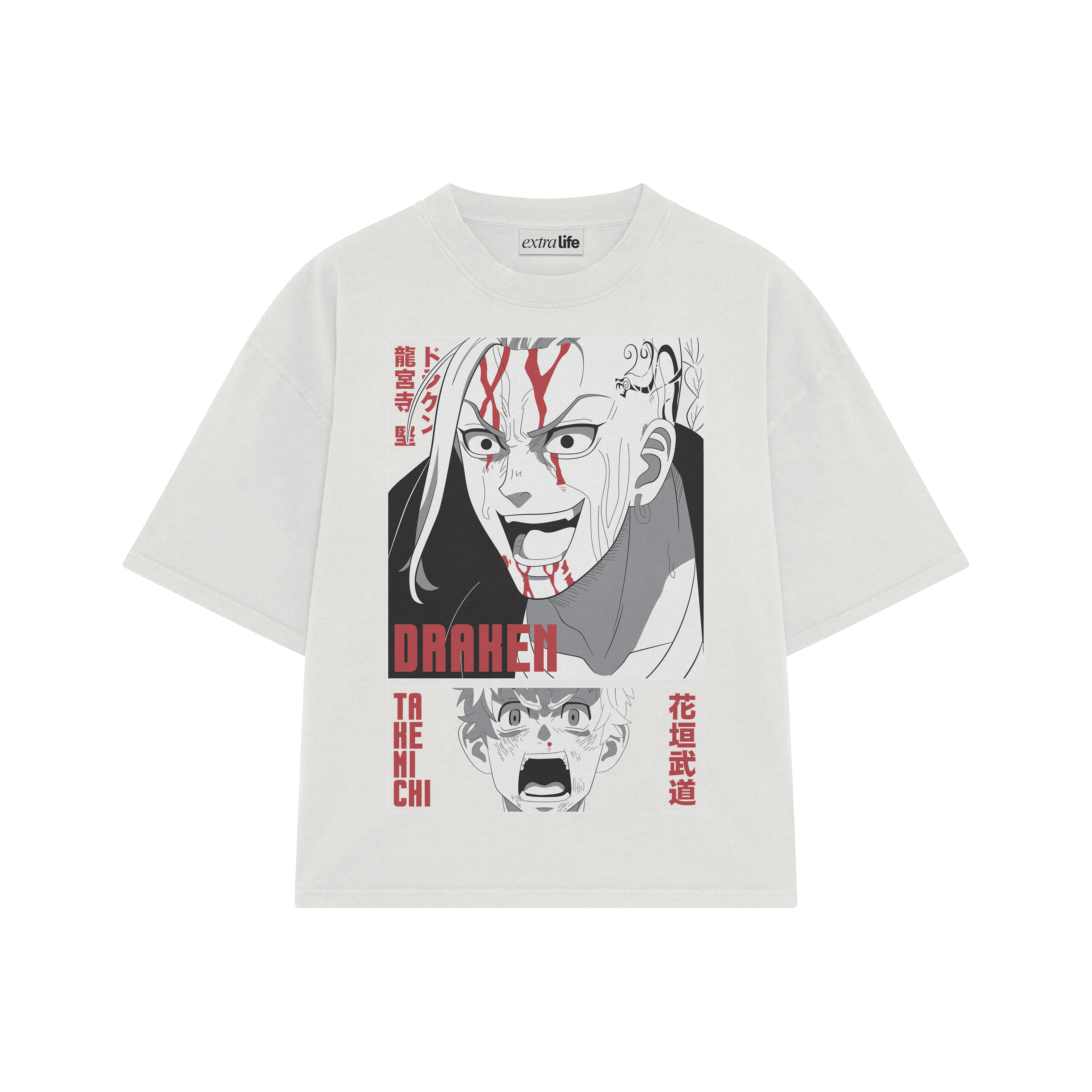 Playera streetwear premium de anime y gaming ExtraLife MX, corte boxy oversized drop shoulder heavyweight en color Deep Black y Off-White, moda urbana mexicana de culto.