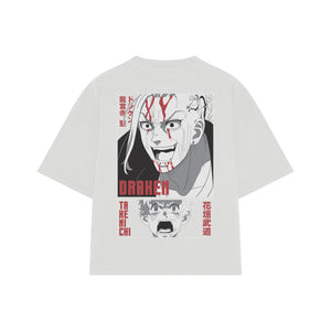 Playera streetwear premium de anime y gaming ExtraLife MX, corte boxy oversized drop shoulder heavyweight en color Deep Black y Off-White, moda urbana mexicana de culto.