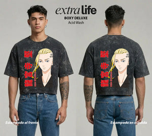 Playera streetwear premium de anime y gaming ExtraLife MX, corte boxy deluxe mineral wash heavyweight en color Acid Wash, moda urbana mexicana de culto.