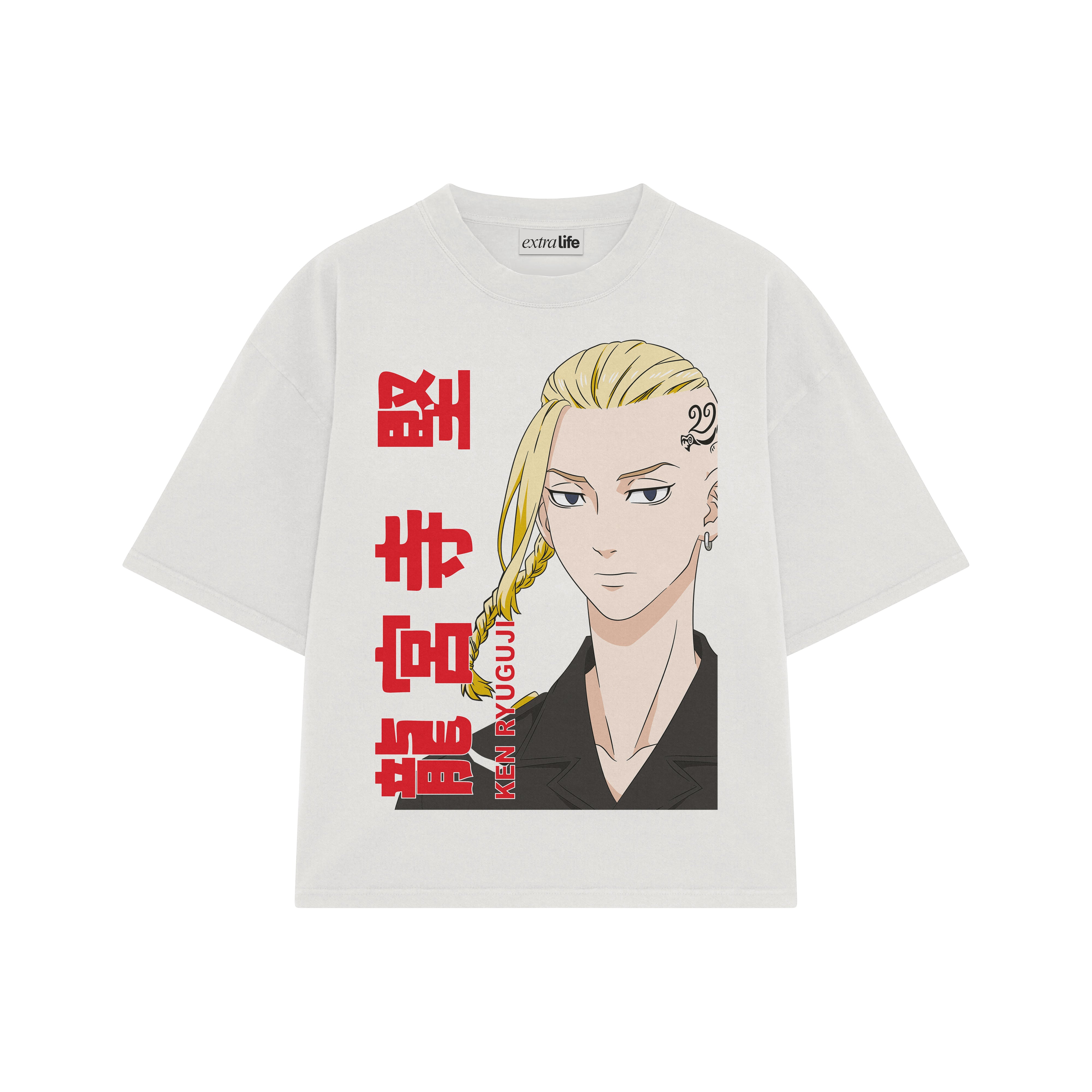 Playera streetwear premium de anime y gaming ExtraLife MX, corte boxy oversized drop shoulder heavyweight en color Deep Black y Off-White, moda urbana mexicana de culto.