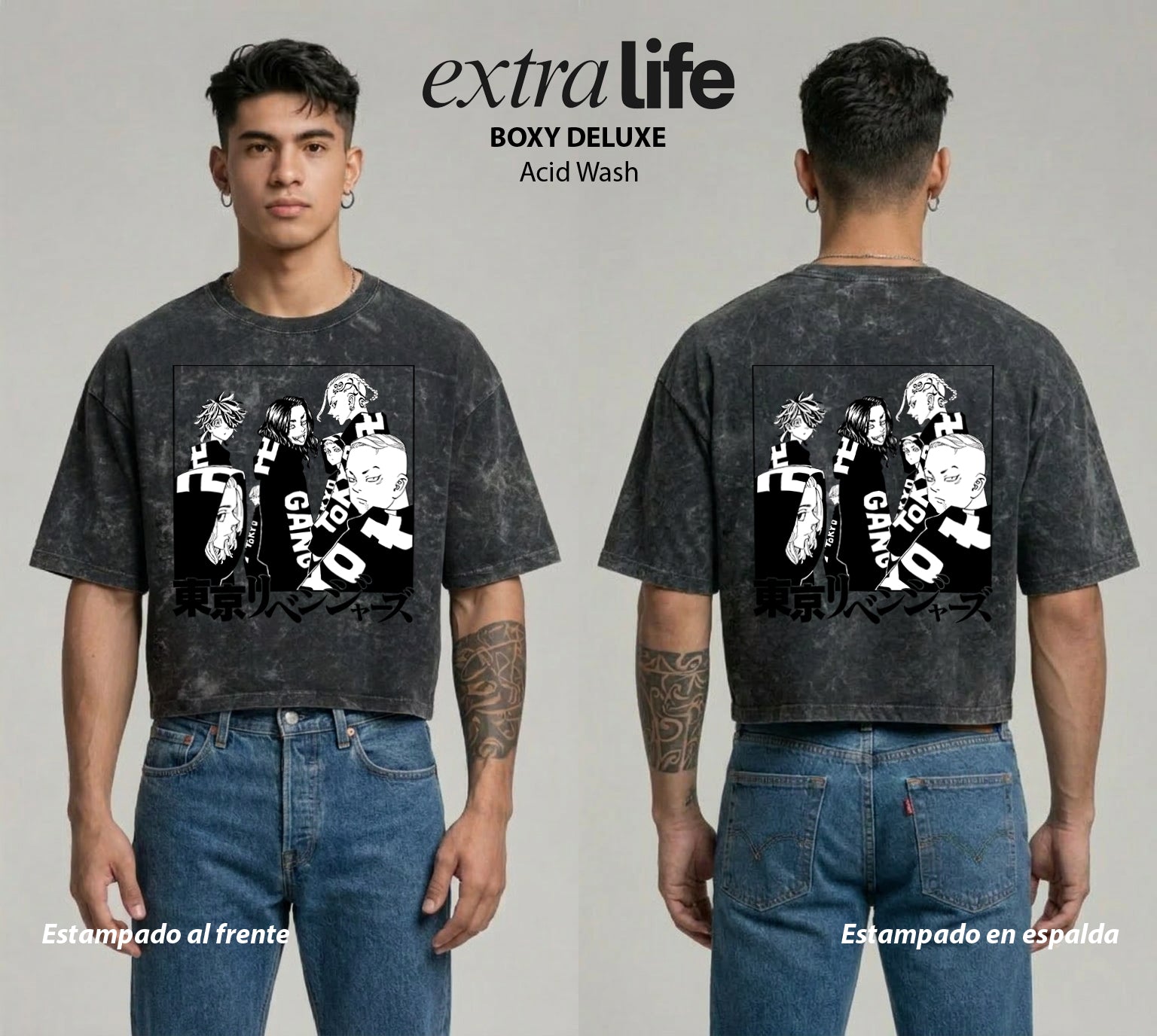 Playera streetwear premium de anime y gaming ExtraLife MX, corte boxy deluxe mineral wash heavyweight en color Acid Wash, moda urbana mexicana de culto.