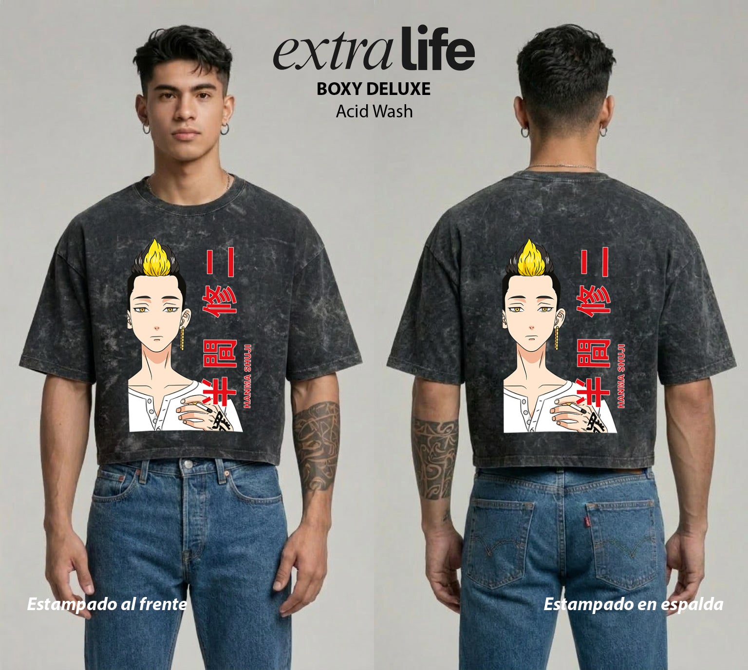 Playera streetwear premium de anime y gaming ExtraLife MX, corte boxy deluxe mineral wash heavyweight en color Acid Wash, moda urbana mexicana de culto.