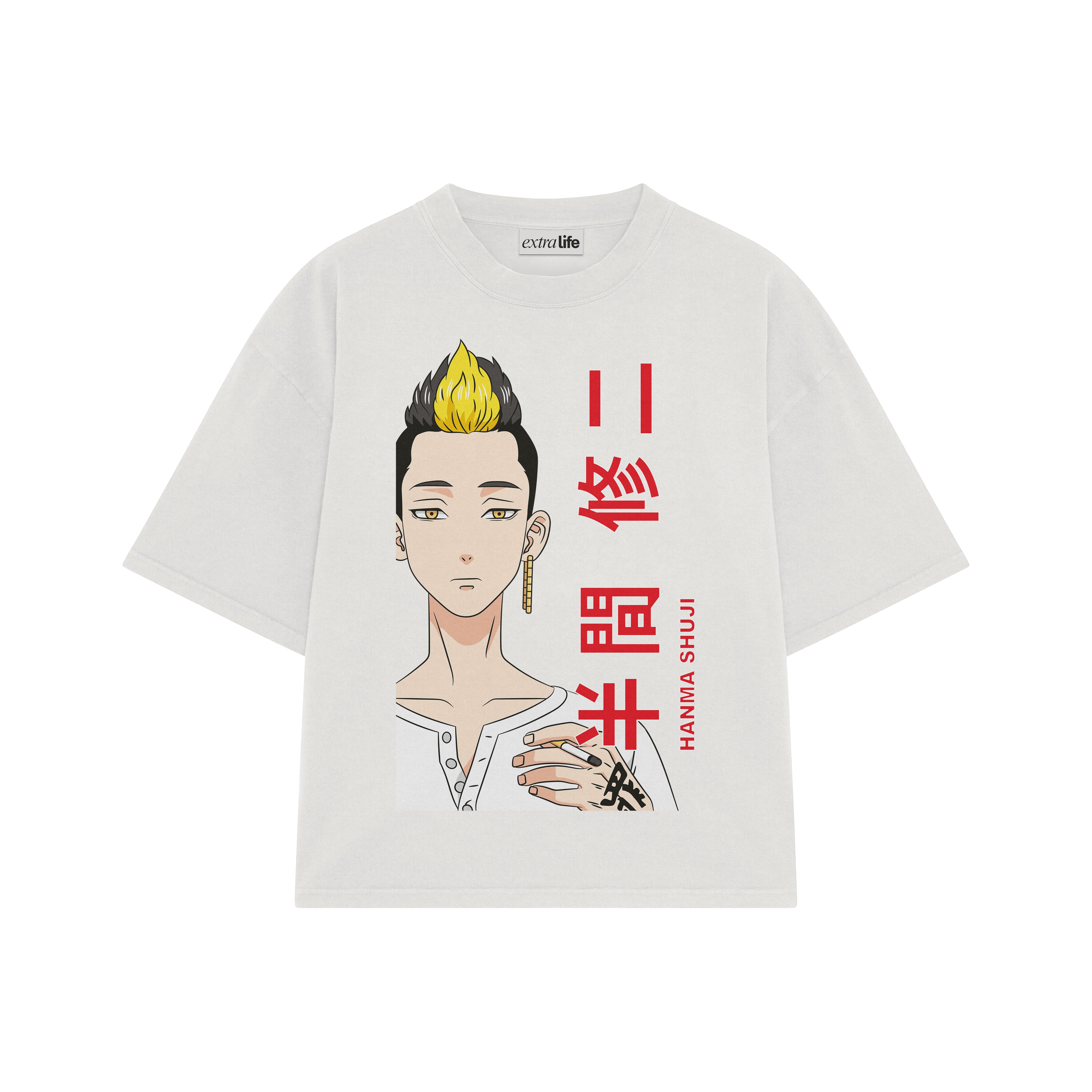Playera streetwear premium de anime y gaming ExtraLife MX, corte boxy oversized drop shoulder heavyweight en color Deep Black y Off-White, moda urbana mexicana de culto.