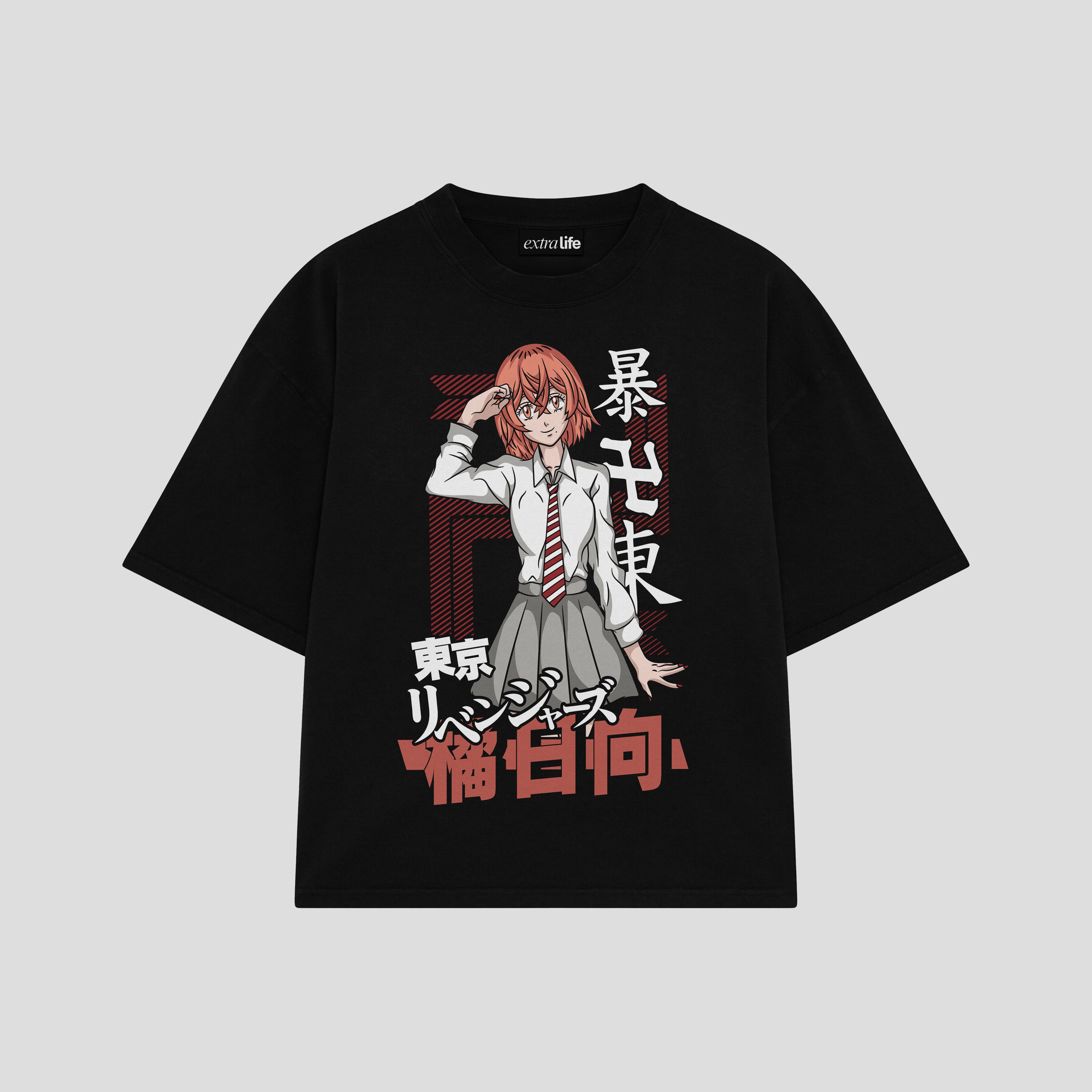 Playera streetwear premium de anime y gaming ExtraLife MX, corte boxy oversized drop shoulder heavyweight en color Deep Black y Off-White, moda urbana mexicana de culto.