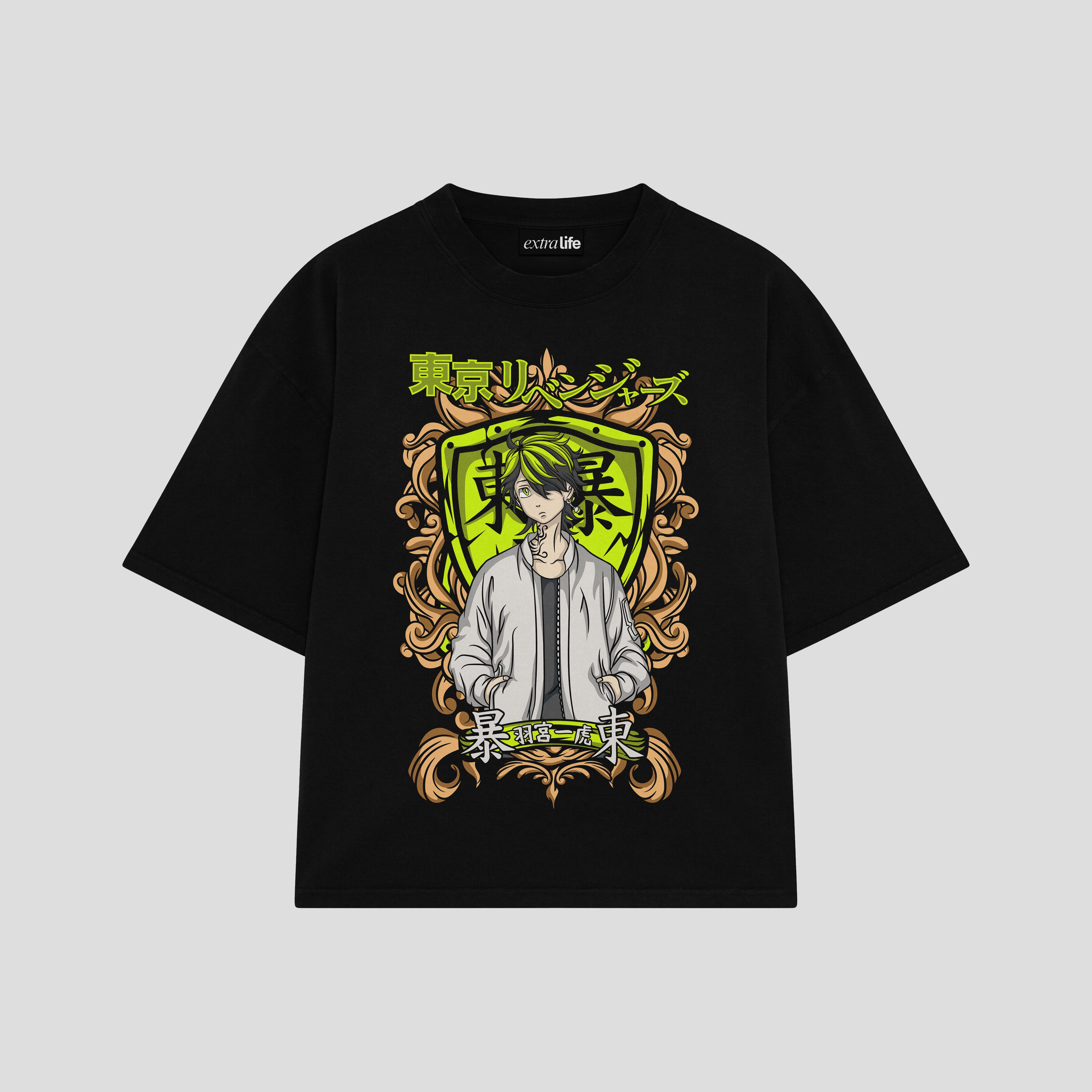 Playera streetwear premium de anime y gaming ExtraLife MX, corte boxy oversized drop shoulder heavyweight en color Deep Black y Off-White, moda urbana mexicana de culto.