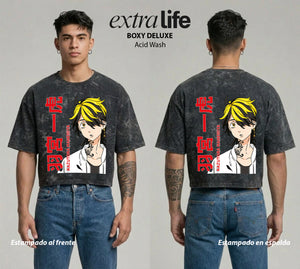 Playera streetwear premium de anime y gaming ExtraLife MX, corte boxy deluxe mineral wash heavyweight en color Acid Wash, moda urbana mexicana de culto.