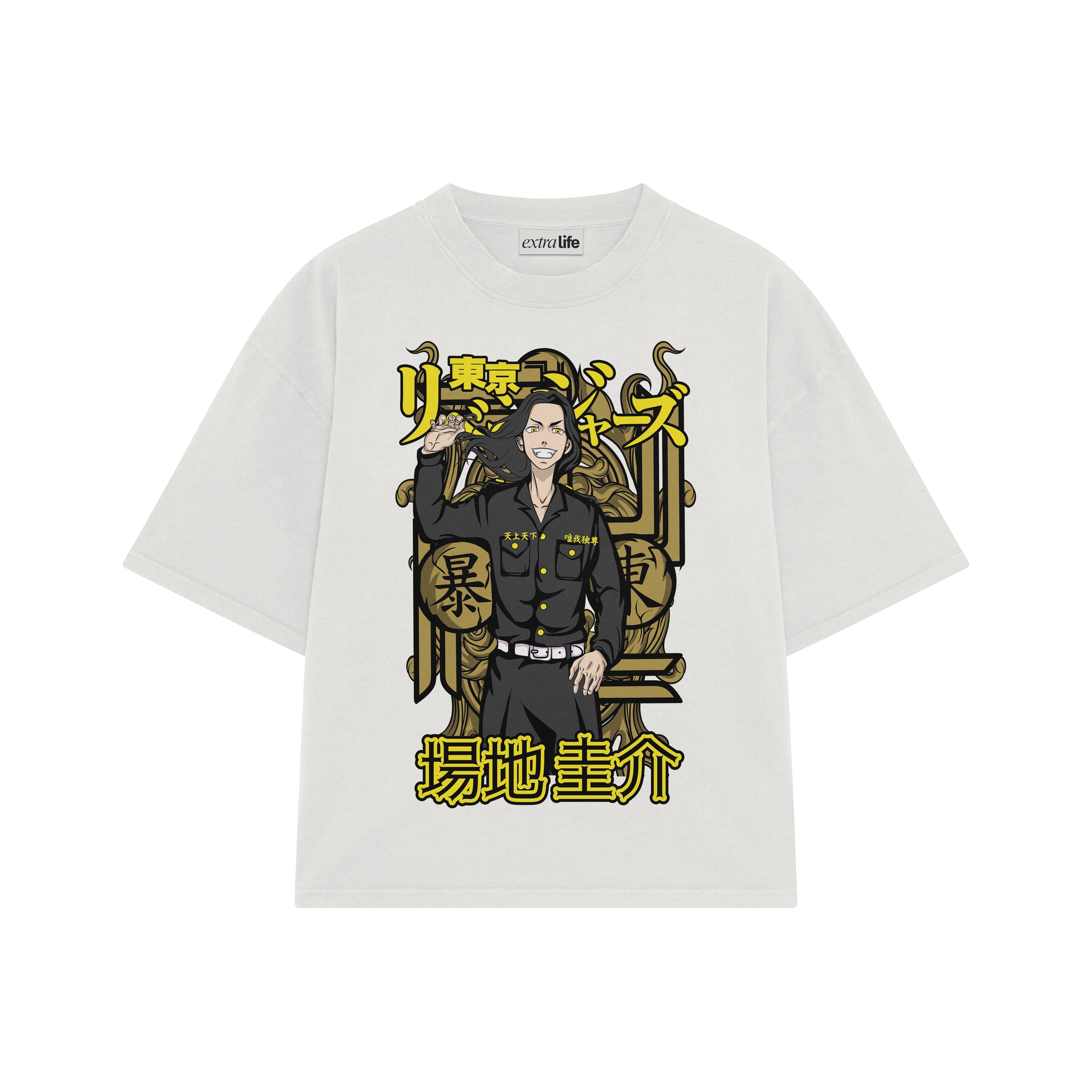 Playera streetwear premium de anime y gaming ExtraLife MX, corte boxy oversized drop shoulder heavyweight en color Deep Black y Off-White, moda urbana mexicana de culto.