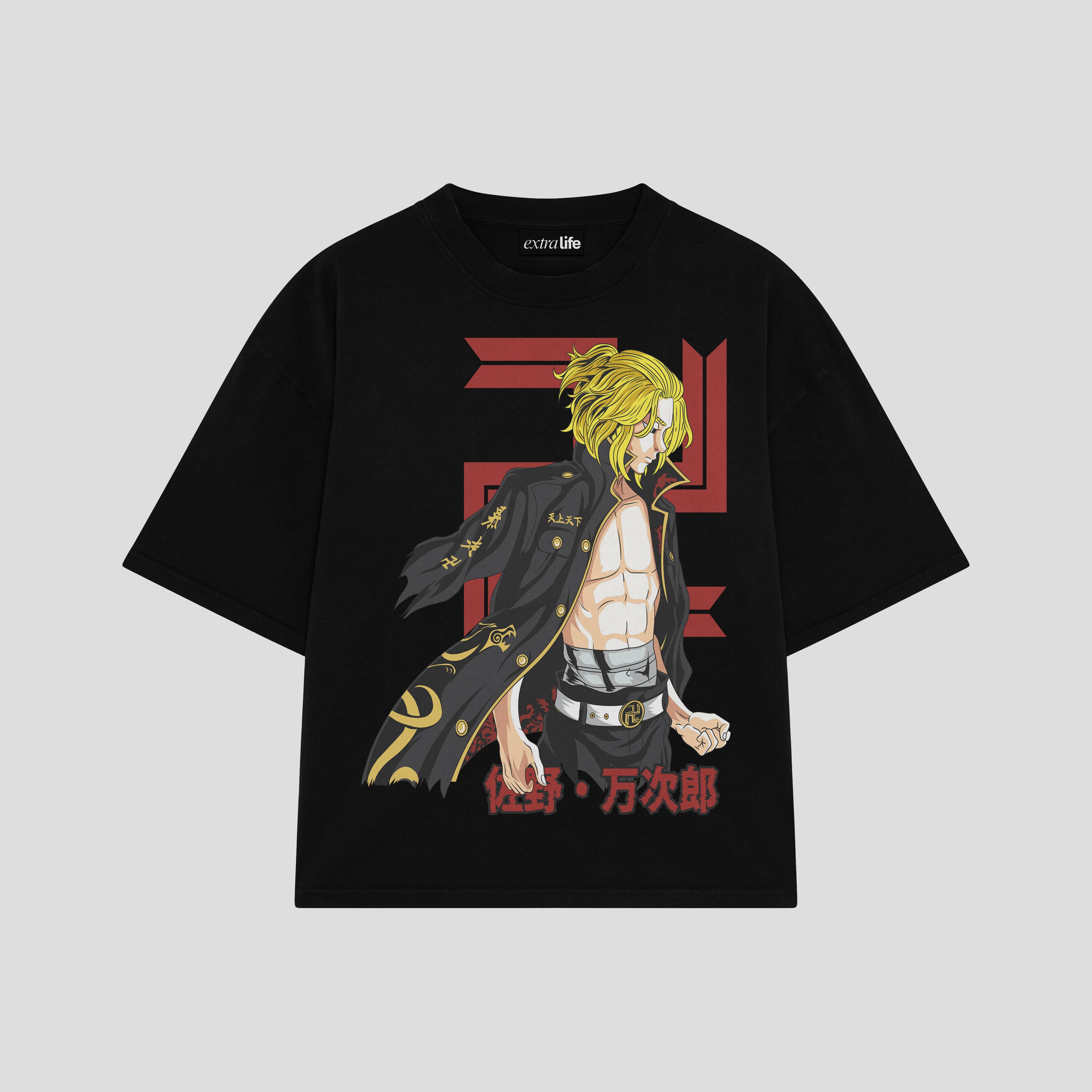 Playera streetwear premium de anime y gaming ExtraLife MX, corte boxy oversized drop shoulder heavyweight en color Deep Black y Off-White, moda urbana mexicana de culto.
