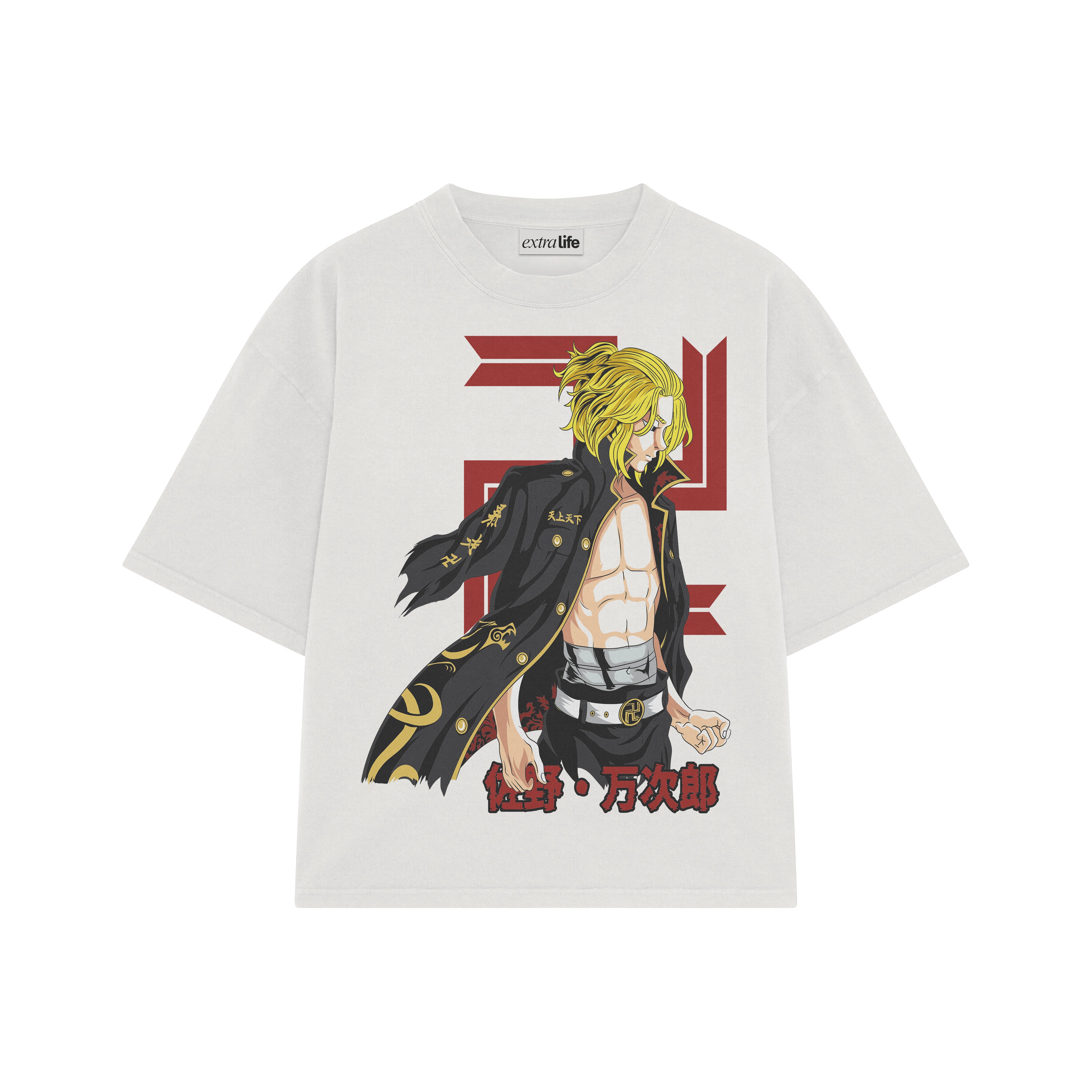 Playera streetwear premium de anime y gaming ExtraLife MX, corte boxy oversized drop shoulder heavyweight en color Deep Black y Off-White, moda urbana mexicana de culto.